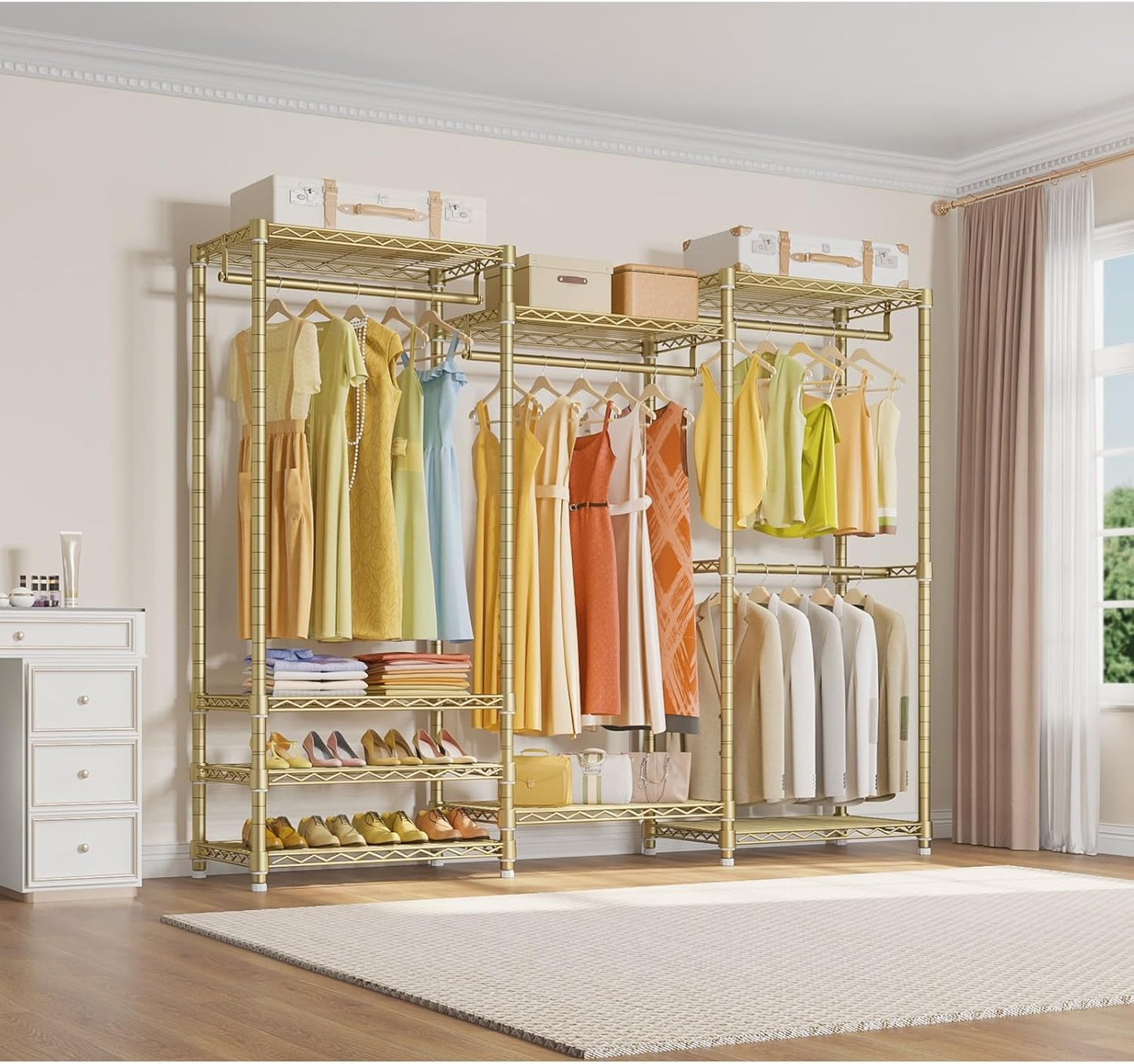 VIPEK V5 Portable Closet Wardrobe Heavy Duty Clothes Rack, Freestanding Metal Clothing Racks Custom Closet Racks with 8 Adjustable Shelves, 68.9" Lx15.7 Wx76.4 H, Max Load 890LBS, Gold