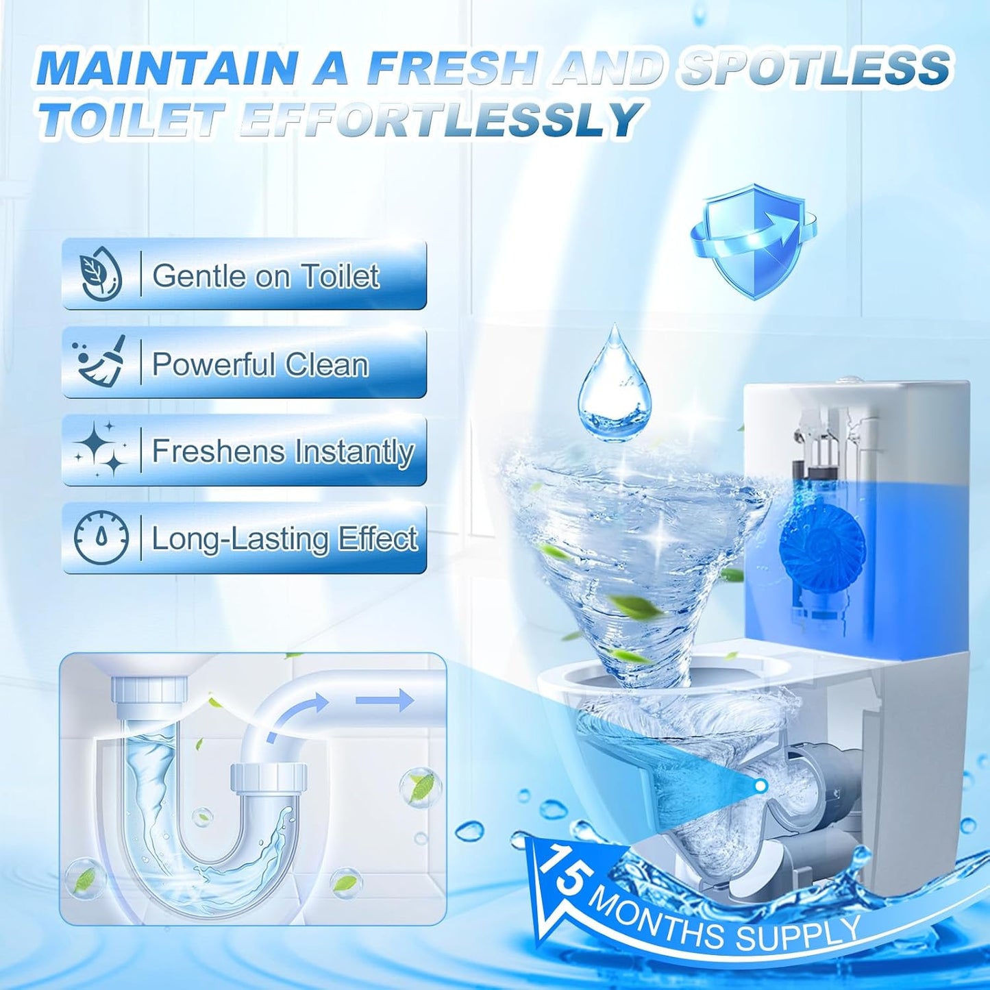 KIISIISO Toilet Bowl Cleaner Tablets, Blue Automatic Toilet Tank Cleaners, Septic-Safe Hard Water Ring Stain Remover, Toilet flush Cleaning & Deodorizer, Fresh Scent - 30 PACK