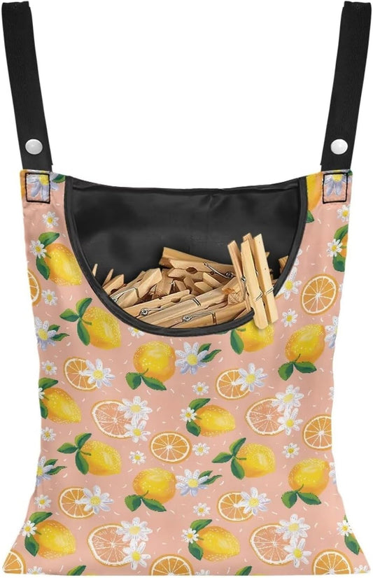 Lemon Print Clothespin Holder with Hanger Hook - Space-Saving Indoor and Outdoor Clothespin Organizer