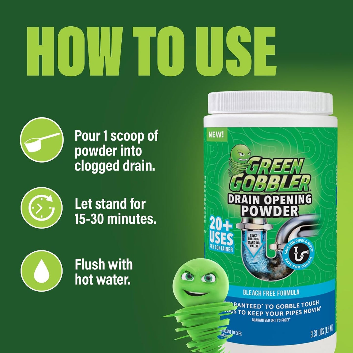 Green Gobbler Drain Clog Remover & Drain Cleaner Powder, 20+ Treatments, Maintenance Breaks Down Grease, Paper, Fat & Oil, Septic Safe