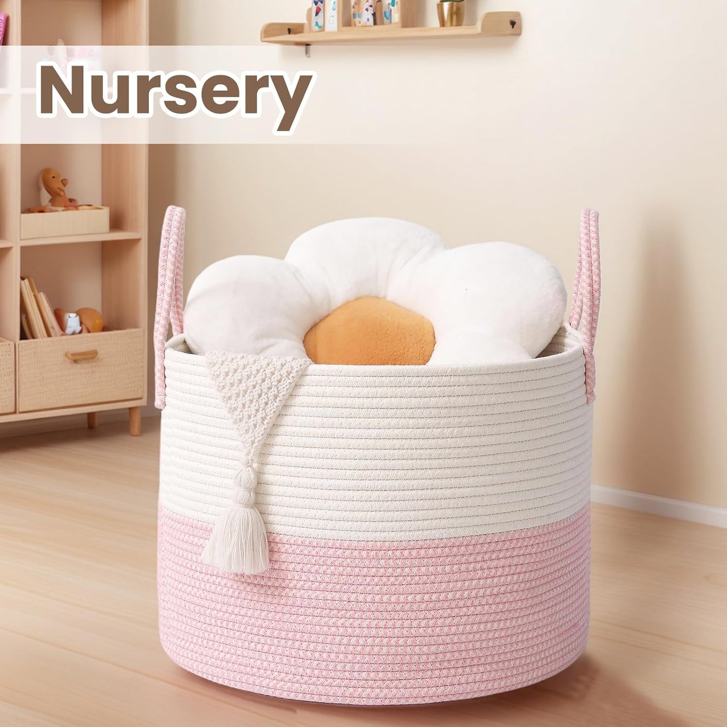 Woven Blanket Basket,115L Large Rope Storage Bin with Handles, Organizer for Blankets Toys Book and Clothes, Laundry Basket for Living Room Bedroom Nursery,White&Pink