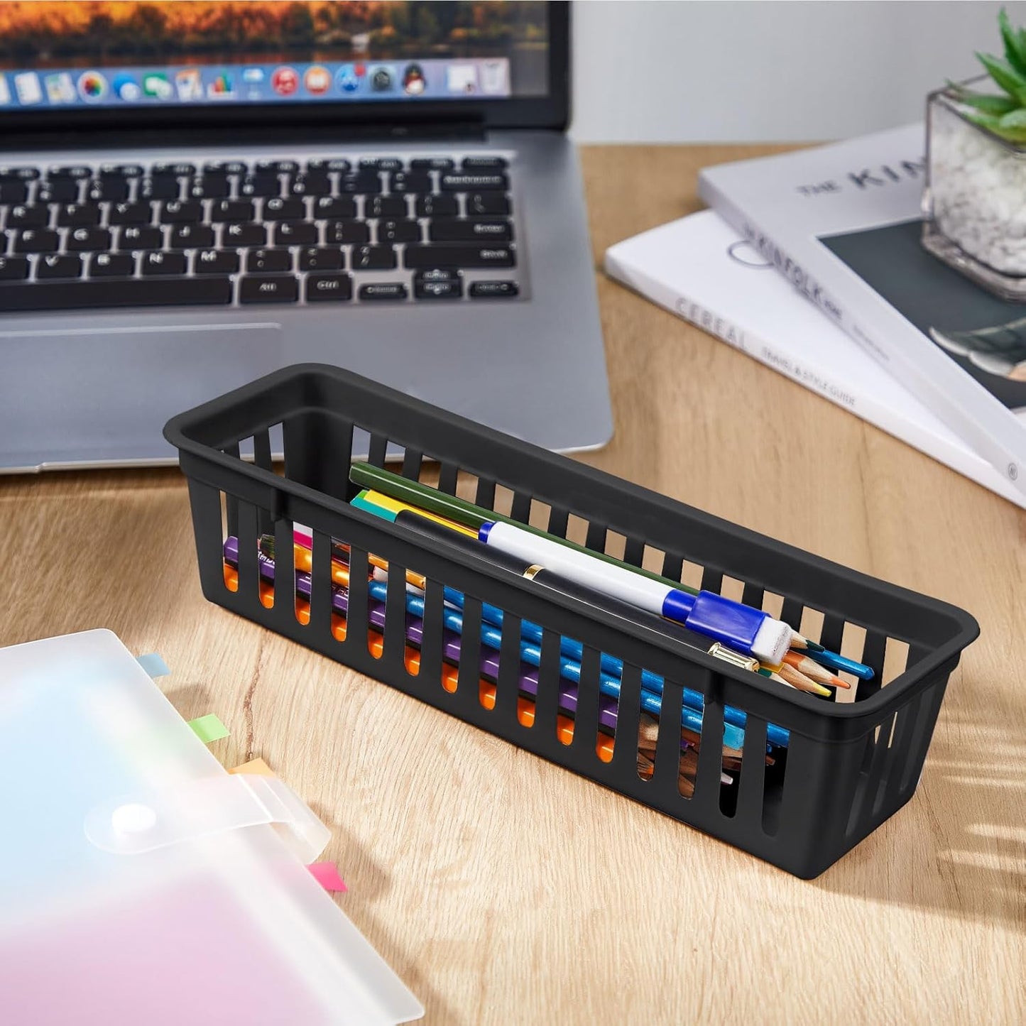 Domensi 12 Pack Slim Plastic Storage Baskets Tray for Organizing 10.25x3.25x2.5 Inch Small Narrow Storage Bins Stackable Drawer Pencil Trays Holder for Desk Garage Cabinet Container (White, Black)