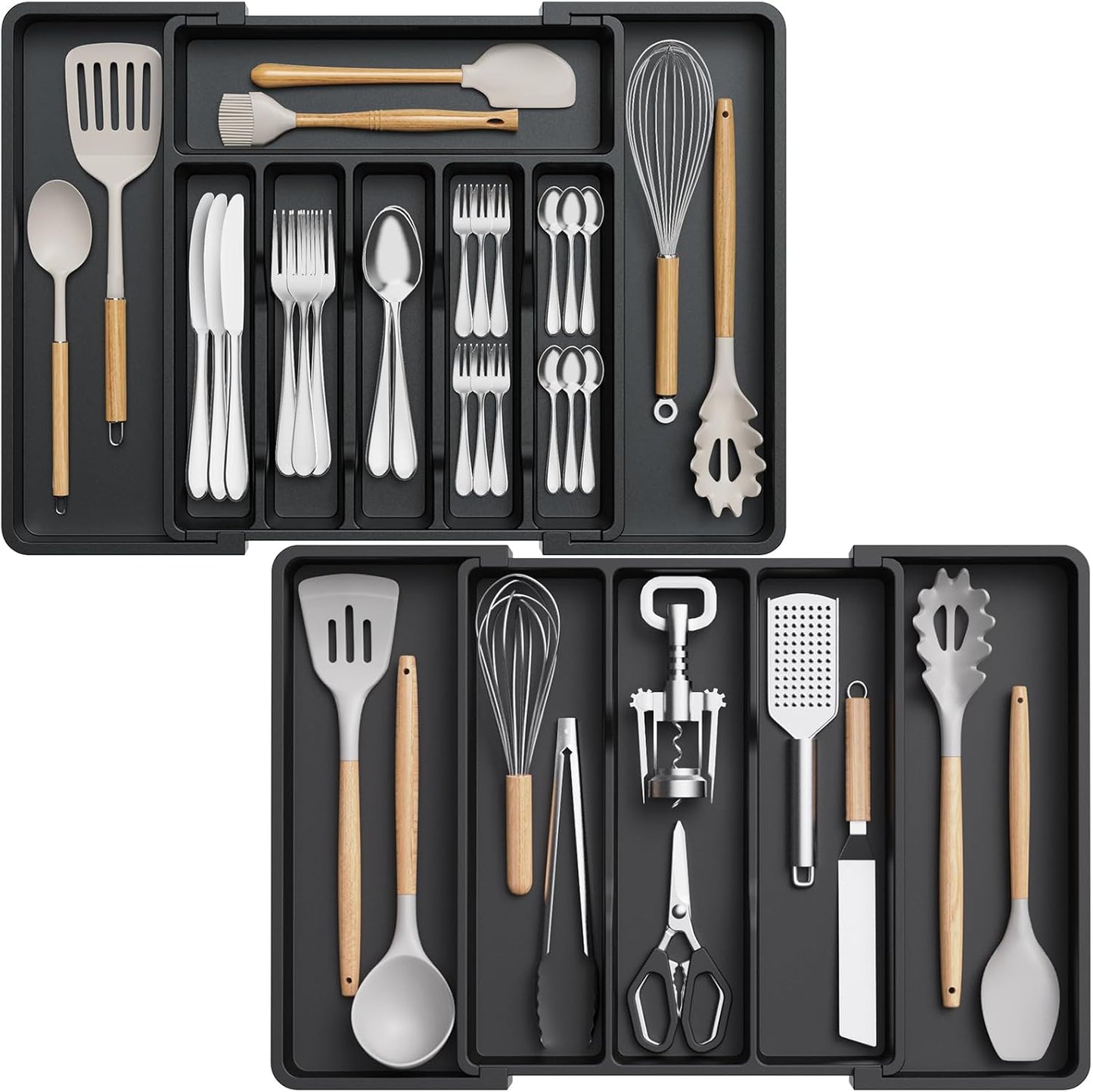 Lifewit Silverware Drawer Organizer and Utensil Organizer Set, Expandable Cooking Cutlery Tray for Kitchen, Adjustable Plastic Flatware Holder Storage Divider for Spoons Forks Knives, Large, Black