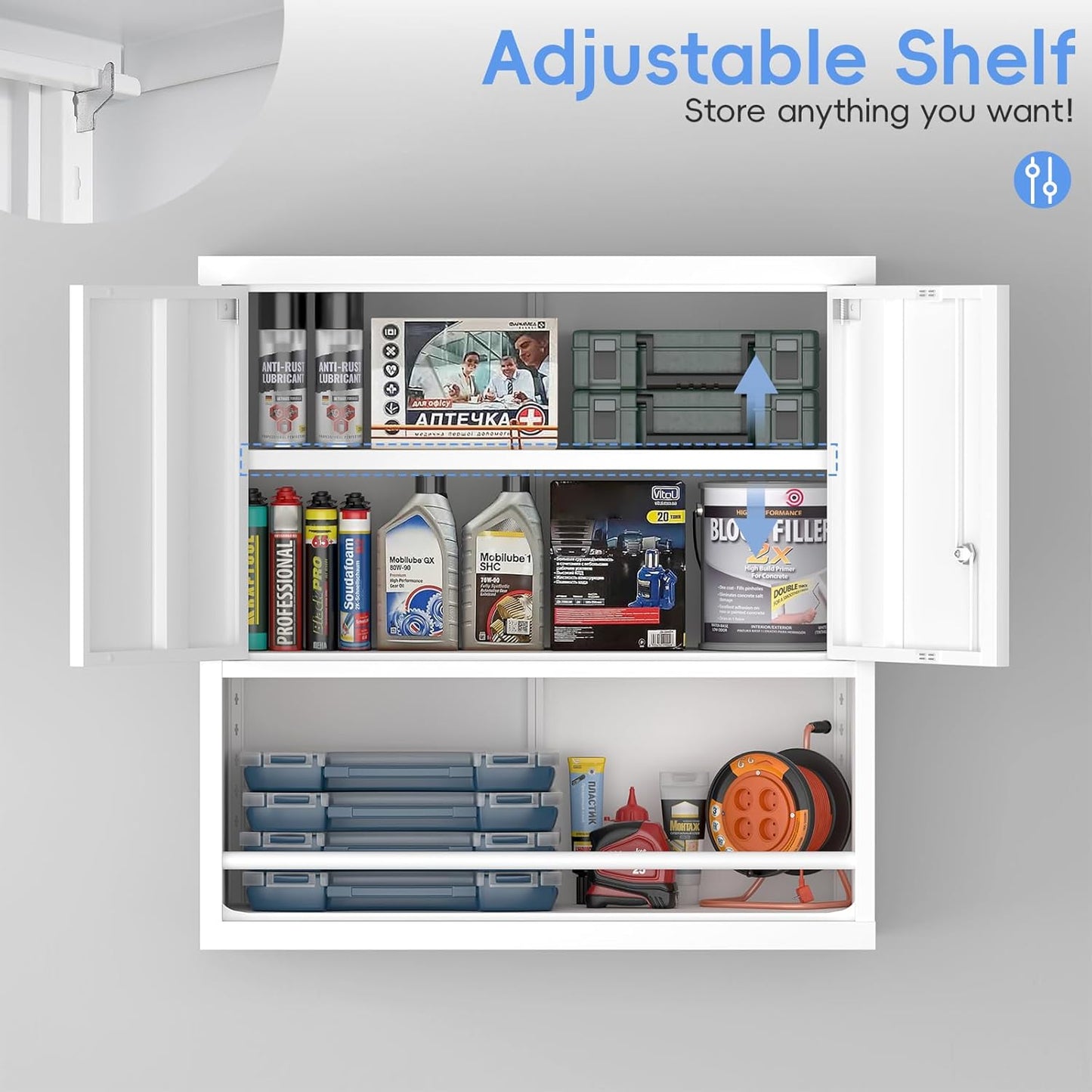 Metal Wall Storage Cabinet, Steel Storage Cabinets with Locking Doors and Shelves, Hanging Cabinet with Guard Bar, Ideal for Kitchen, Laundry, Home Office