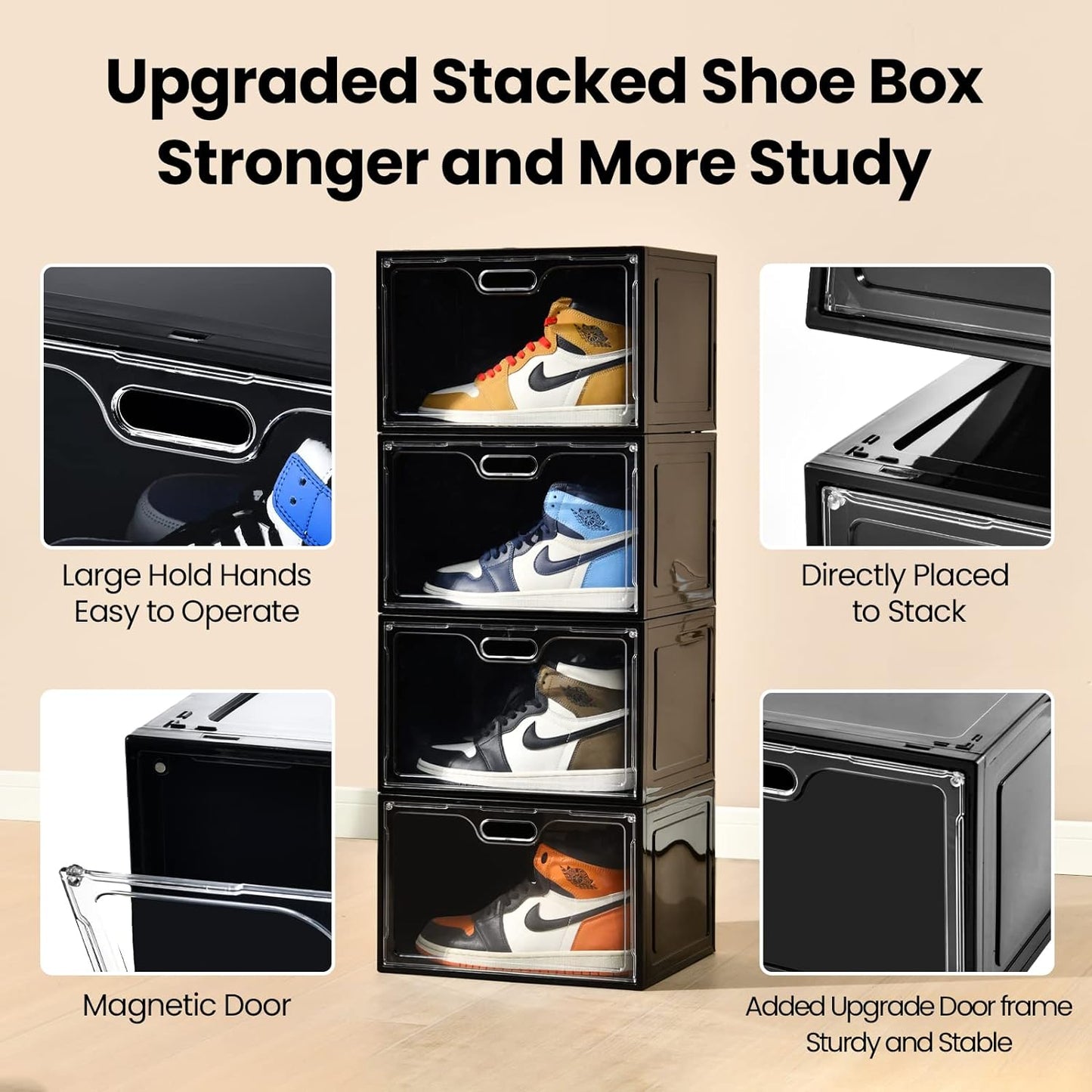 8 Pack Shoe Boxes Black Plastic Stackable, Large Shoe Storage Organizer,Drop Side Front Shoe Containers for Entryway,Sneaker Storage Fit up to US Size 13 for Men/Women(13’’x 10.6”x 8.3”)