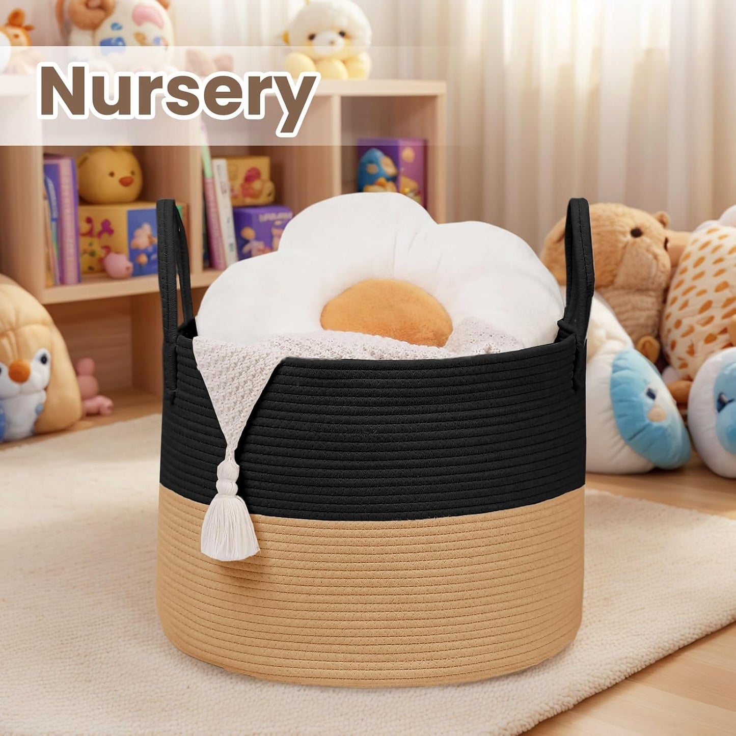 Woven Blanket Basket,65L Large Rope Storage Bin with Handles, Organizer for Blankets Toys Book and Clothes, Laundry Basket for Living Room Bedroom Nursery,Black&Jute