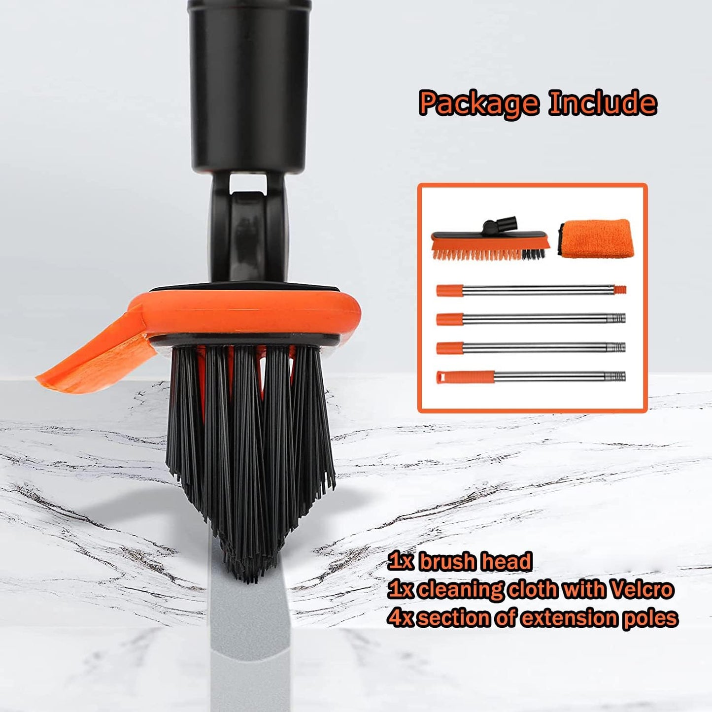 2 in 1 Floor Scrub Brush Grout Brush with 57.8" Long Handle,120°Rotatable Shower Tile Grout Cleaner Scrubber,V-Shaped Corner Brush for Hard to Reach Areas (Orange)