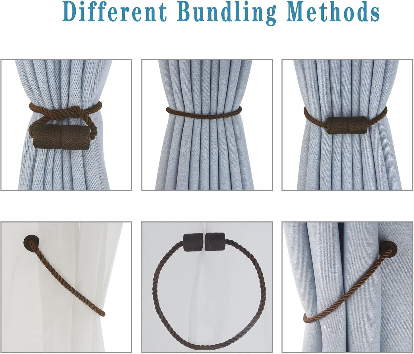 Magnetic Curtain Tiebacks 6 Pack Coffee Curtain Rope Tieback Curtain Holders for Drapes Modern Tie Backs Decorative Curtain Holdbacks