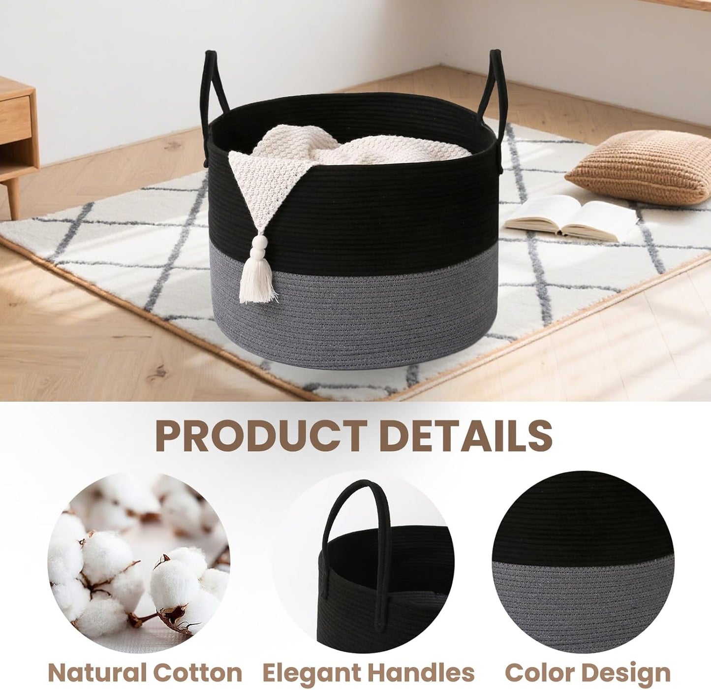 Woven Blanket Basket,65L Large Rope Storage Bin with Handles, Organizer for Blankets Toys Book and Clothes, Laundry Basket for Living Room Bedroom Nursery,Black&Grey