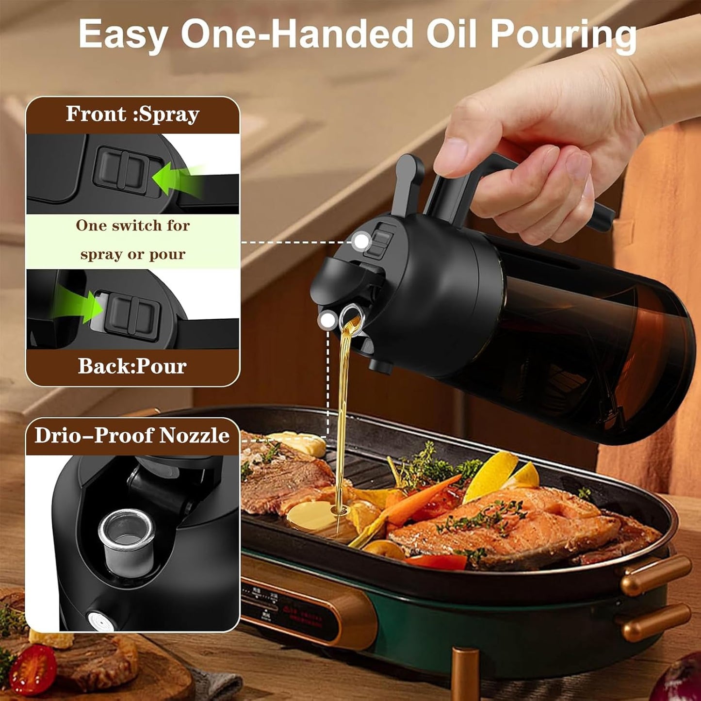 2-in-1 Glass Oil Dispenser & Sprayer - 16oz/470ml Leakproof Olive Oil Sprayer Bottle for Cooking, Air Fryer, BBQ, Baking, Salad (Green)