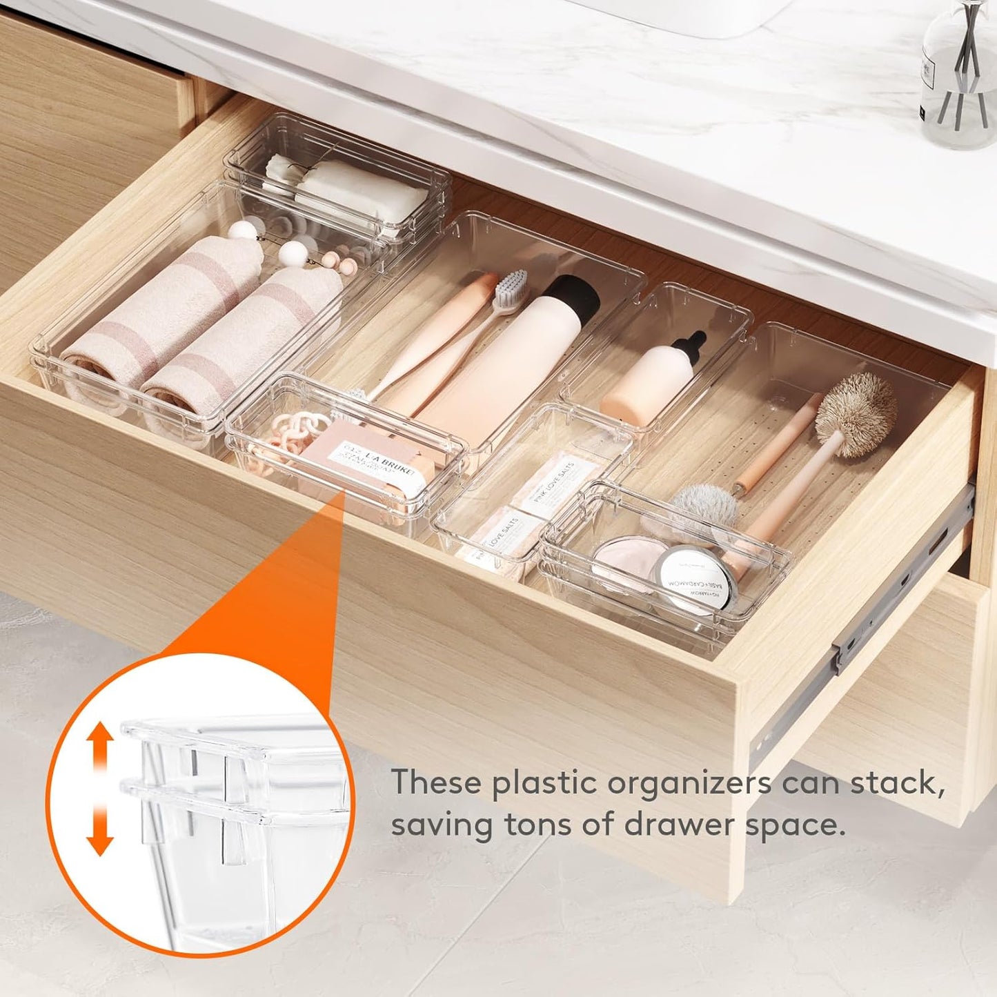 Lifewit 6 Pcs Large Bathroom Drawer Organizers, 3 Sizes Clear Plastic Storage Organizer Trays for Make Up, Kitchen Utensils, Vanity Accessories in Bathroom/Office/Dresser Organization