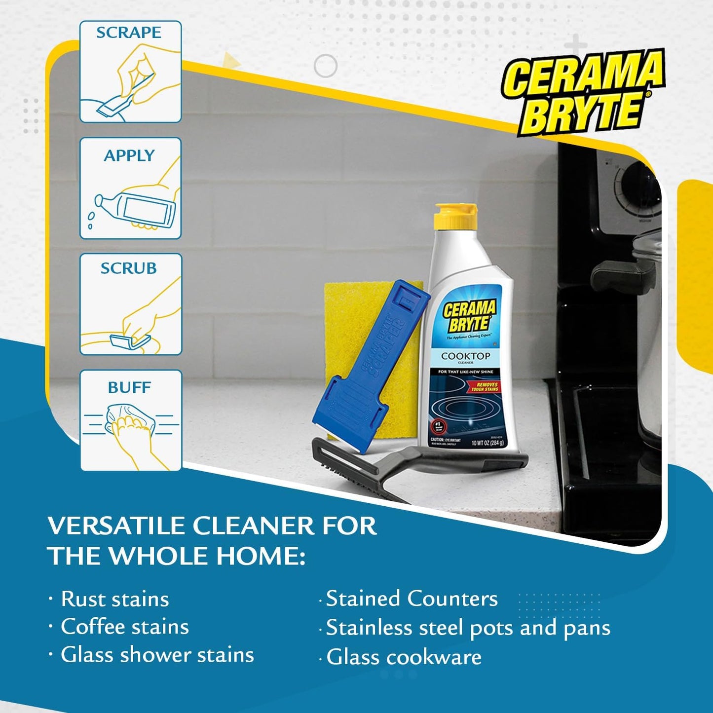 Cerama Bryte Glass Cooktop and Stove Top Cleaner Combo Kit - Includes Cleaning Tool, Razor, Scraper and 3 Pads to Remove Tough Stains - Use on Gas, Electric, Ceramic Surfaces, 10 Ounces, 6 Piece