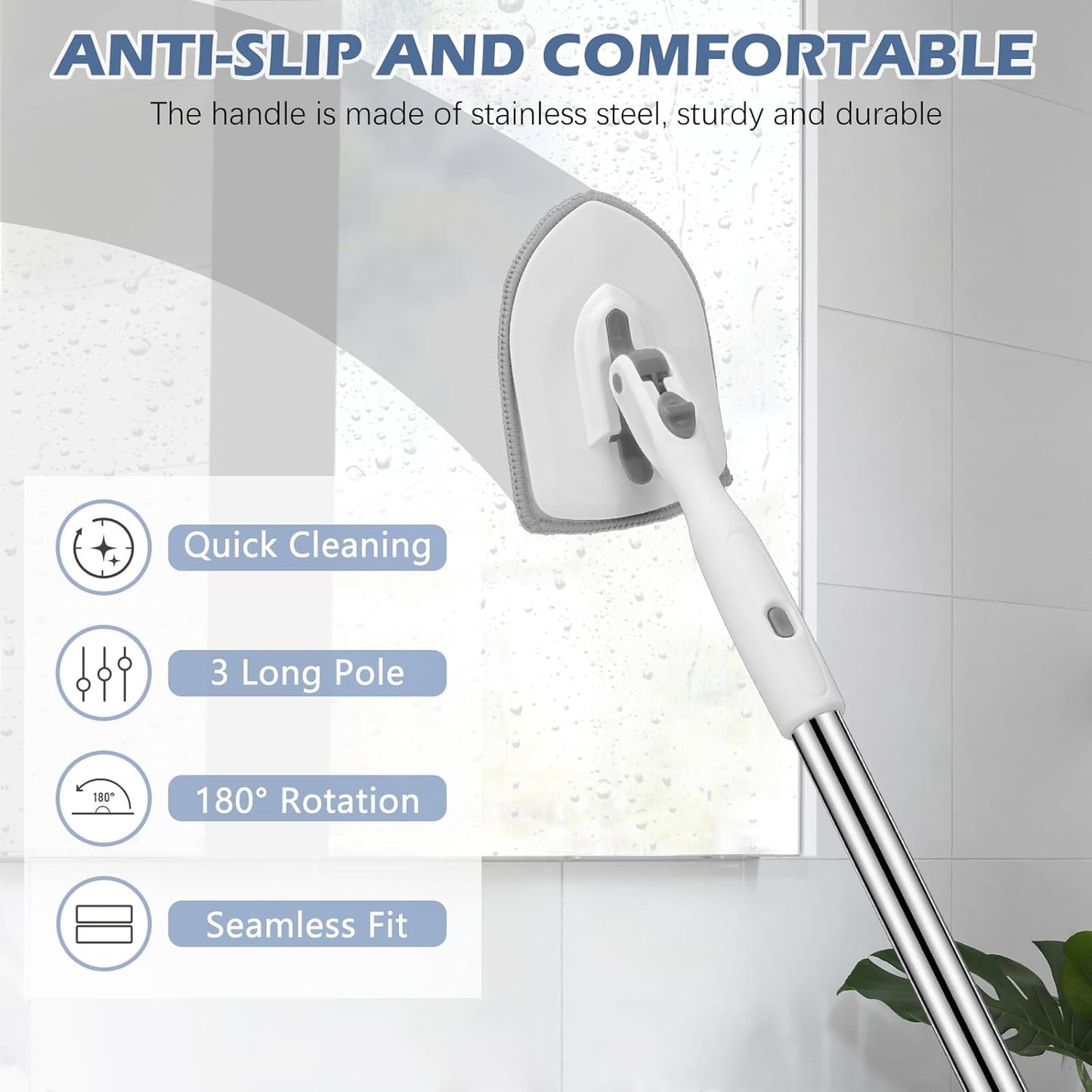 SetSail 4-in-1 Tile Tub Floor Scrubber with 52-inch Adjustable Long Handle Shower Cleaner Brush Comes with Window Scrubber and 3 Replacement Brush Heads for Cleaning Bathroom Kitchen Tub Tile, White