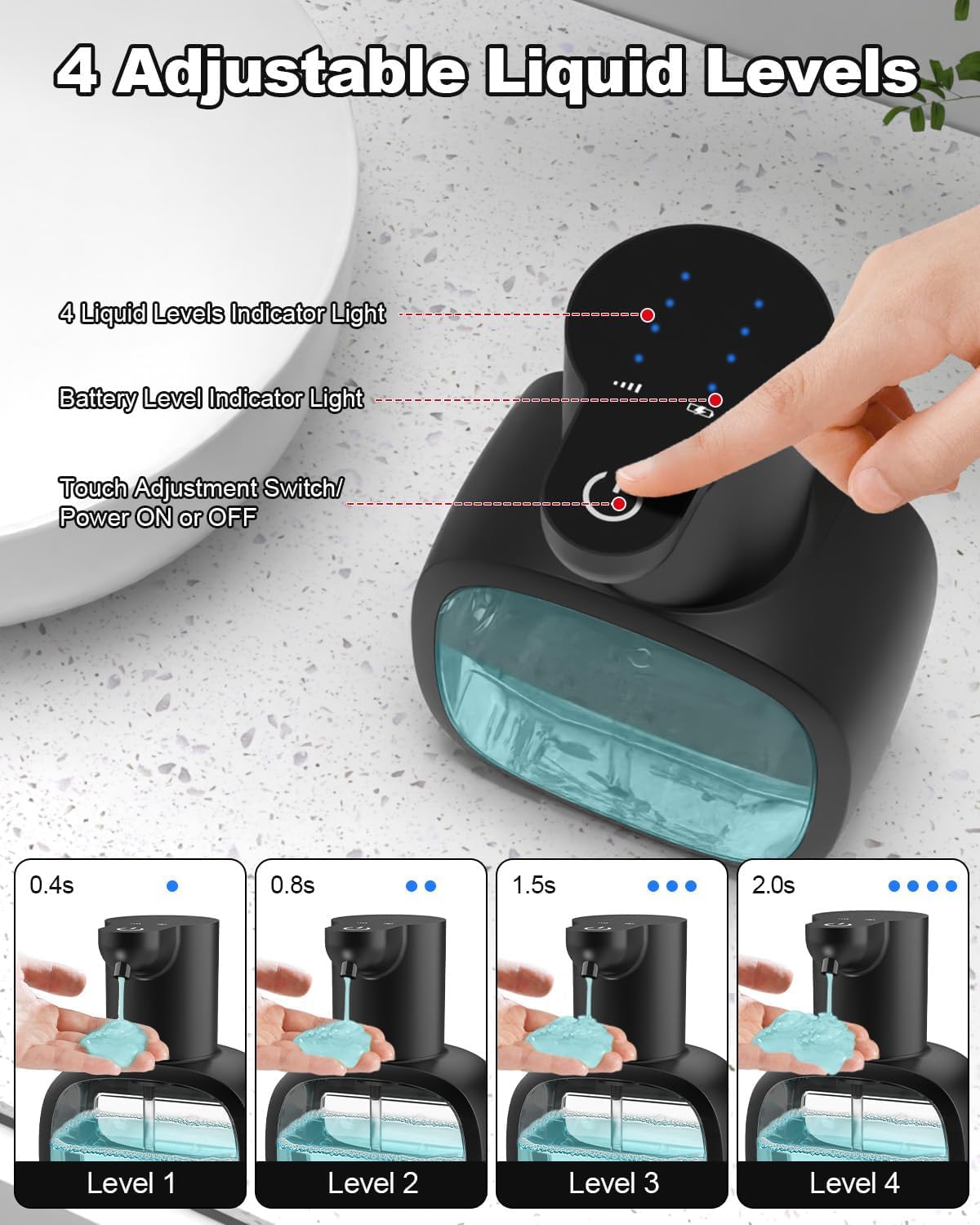 lazycozy® Automatic Soap Dispenser, Touchless Electric Soap Dispenser, 17oz, Rechargeable via USB-C, 4 Dispensing Modes, Wall Mount or Countertop, for Kitchen Sink, Bathroom, Hand, Dish, Black