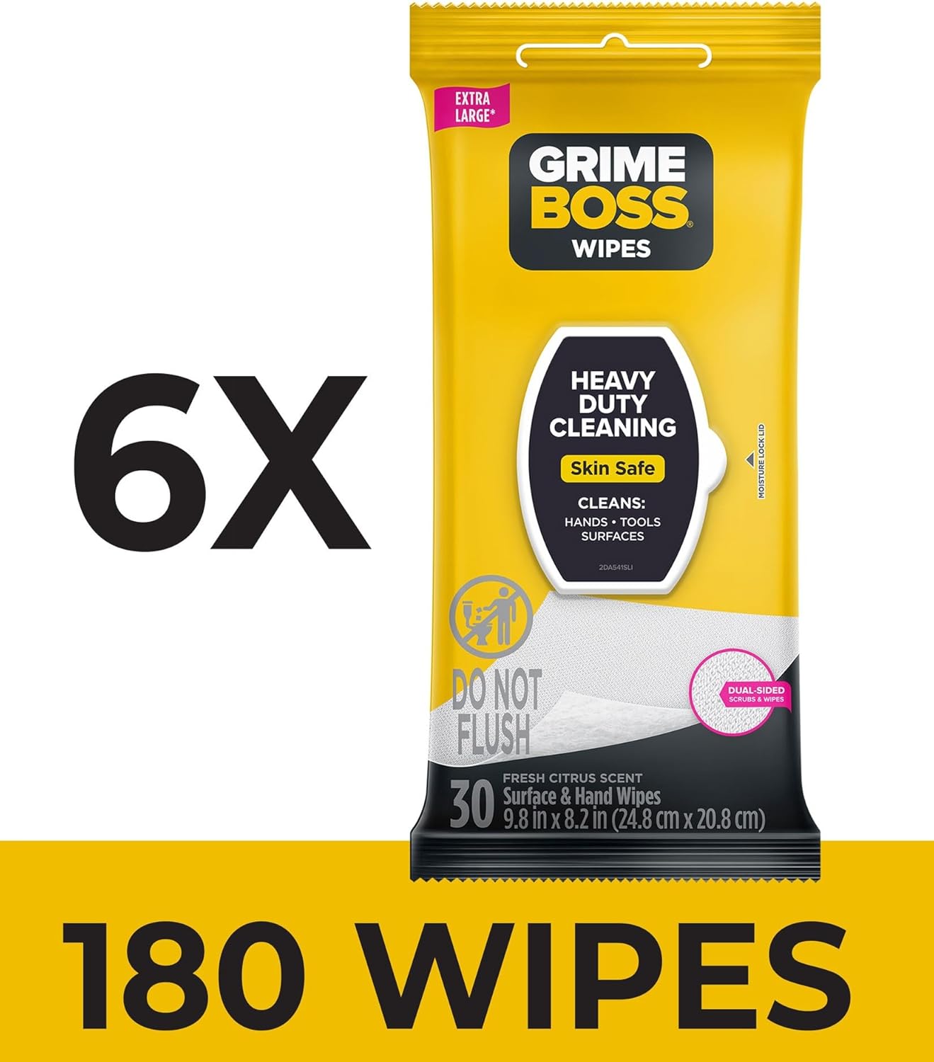 Grime Boss Heavy Duty Wipes (6 x 30ct) | Wet Wipes Used for Hands, Equipment, Tools, Garden, Automotive| Easily Removes Oil, Grease, & Dirt