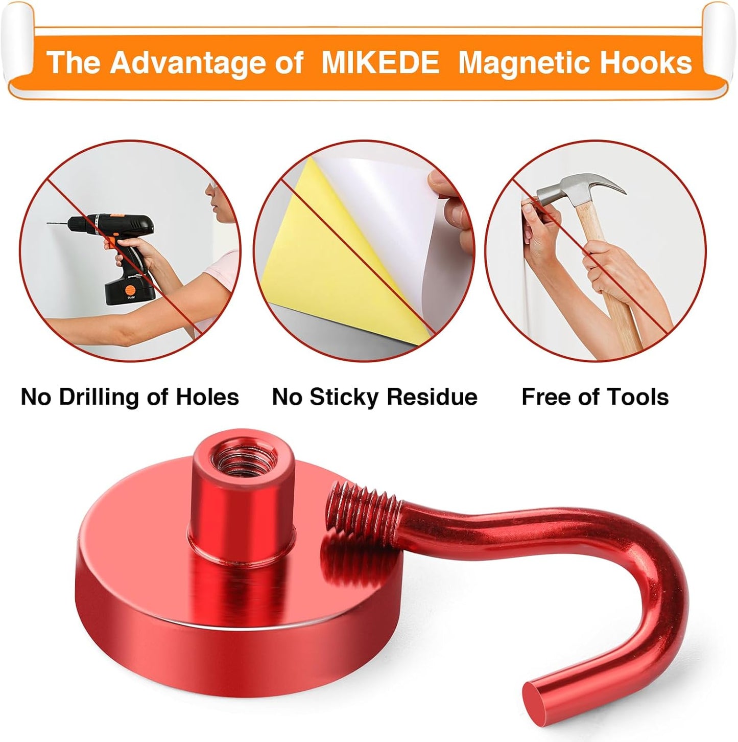 MIKEDE Magnetic Hooks Heavy Duty, 28LB+ Strong Magnets with Hook for Fridge, Neodymium Extra Strength Industrial Hooks for Hanging, Magnetic Hanger for Toolbox, Cruise, Grill(Red,4 Pack)