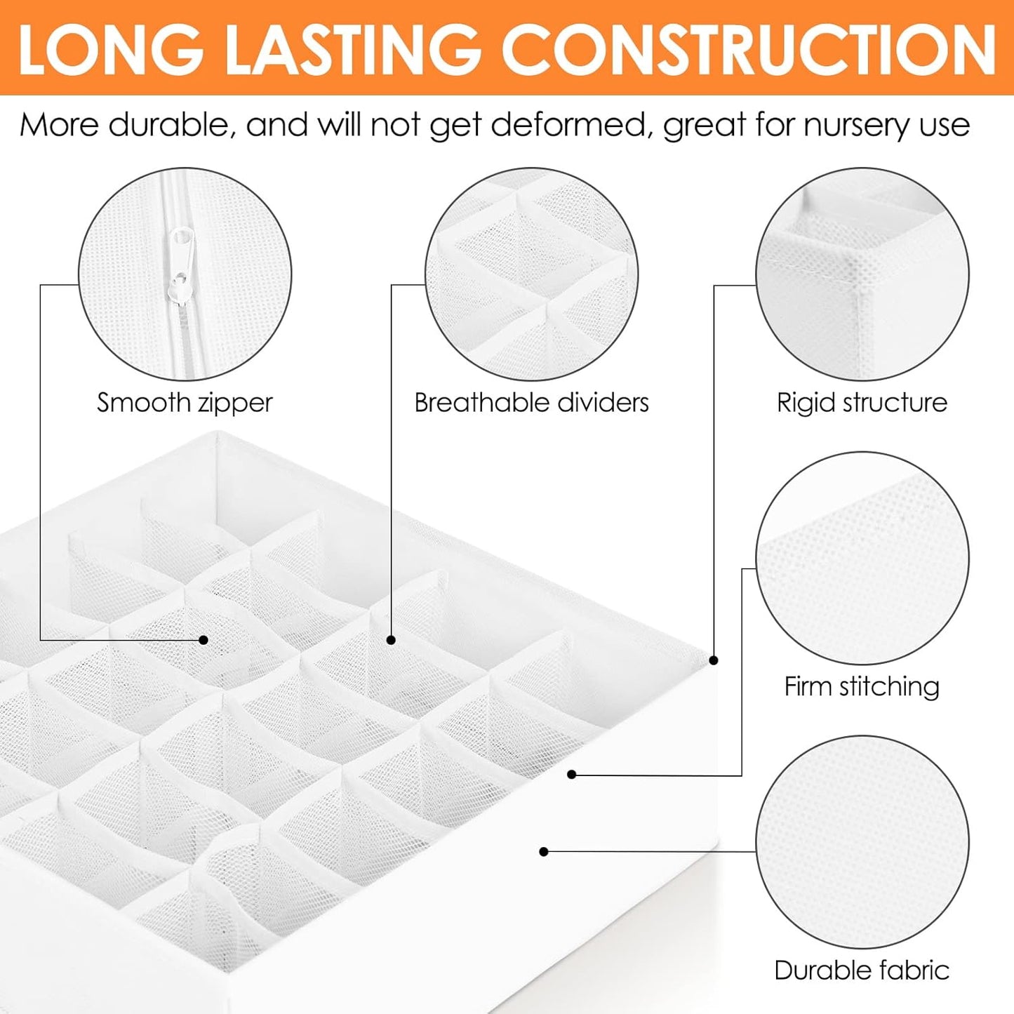 6 Pack Sock Underwear Drawer Organizer Dividers, 58 Cell Foldable Fabric Dresser Closet Organizers and Storage Bins for Clothing, Baby Clothes, Bra, Panty, Scarf, Ties (White)