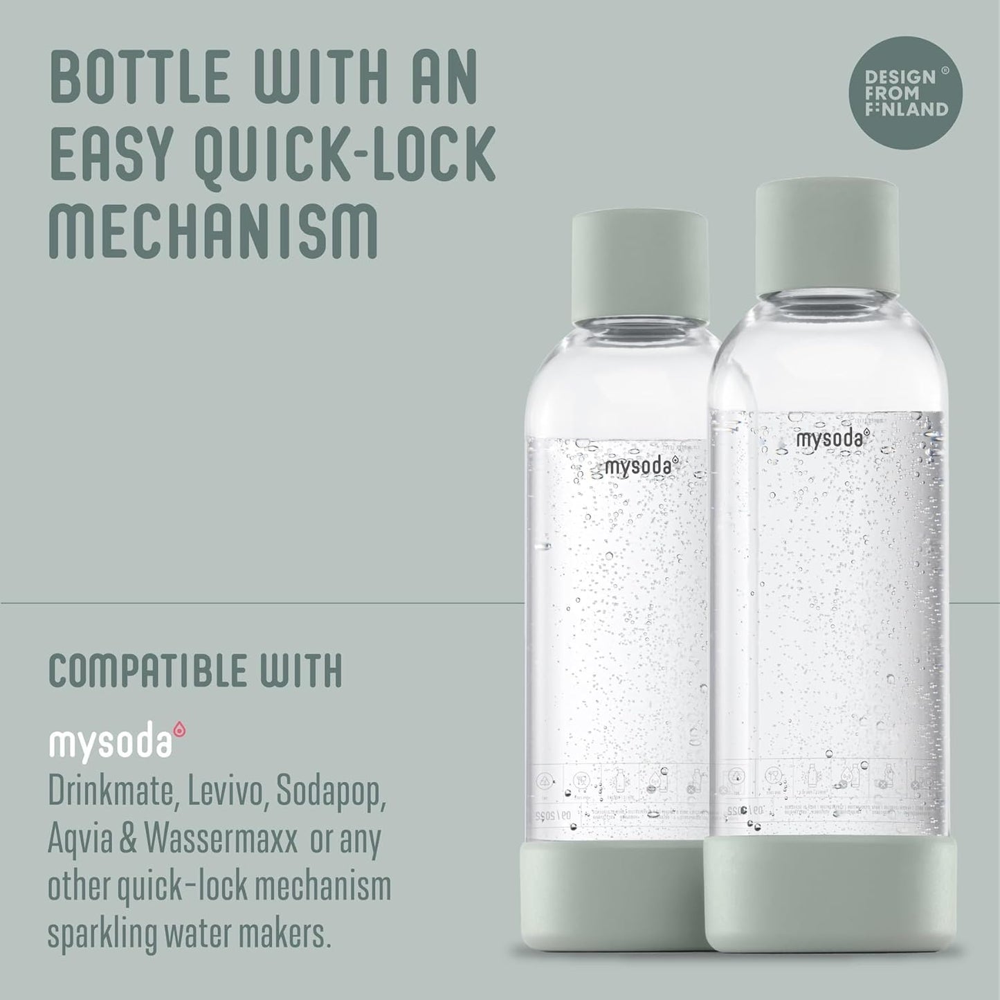 Mysoda Carbonating Bottles 2Pck 1L - Compatible with MySoda and any brands - Quick-Lock Reusable Bottles - Lid and Base Made of Wood Composite - BPA Free - Sage Green
