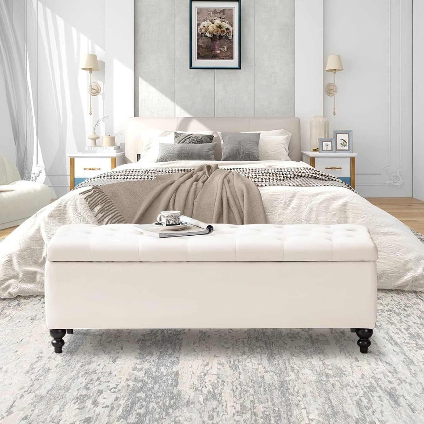 Living&Giving Storage Ottoman 50.2 Inches Upholstered Fabric Storage Ottoman Bench，Button Tufted Ottoman with Storage for Living Room，Bedroom End of Bed Bench Withstands 304lbs (Ivory-TP)