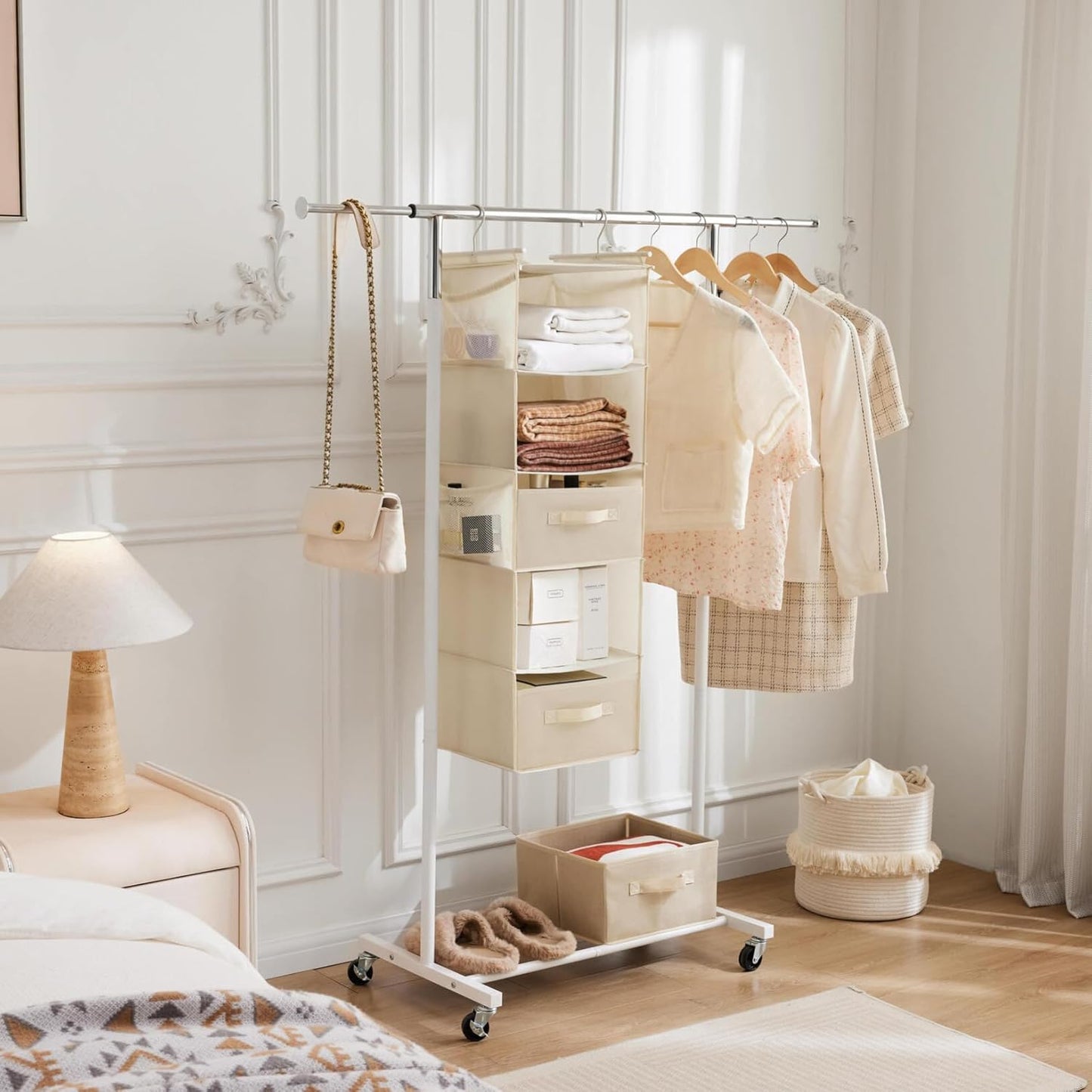 MAX Houser 5 Tier Shelf Hanging Closet Organizer, Cloth Hanging Shelf with 2 Sturdy Hooks for Storage, Foldable (Beige-D2)