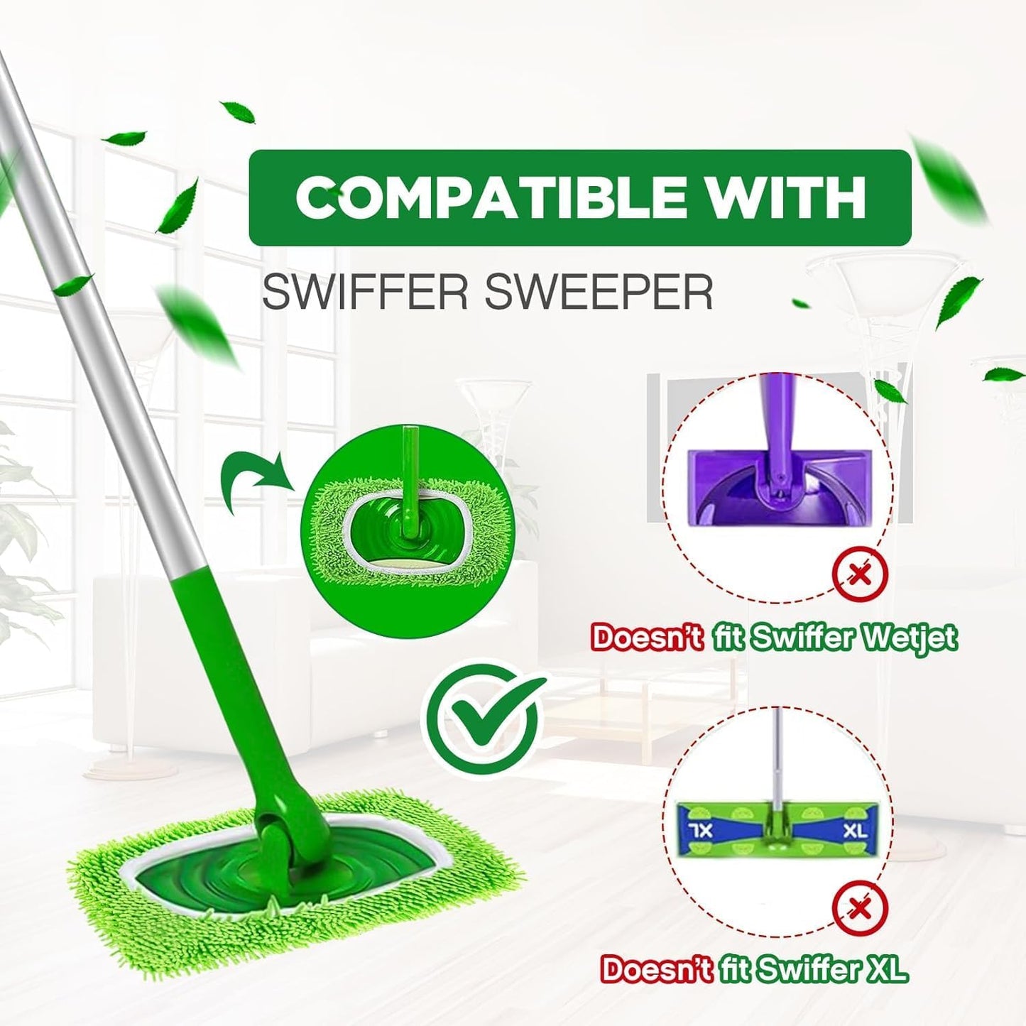 Reusable Microfiber Mop Pads Washable Wet & Dry Sweeping Cloths Mop Head Replacement for Household Cleaning (Green, 10PCS) Compatible with Swiffer Sweeper Refills