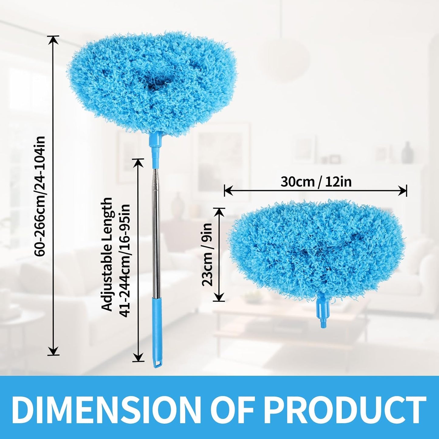 Ceiling Fan Cleaner Duster Reusable Microfiber Removable Extendable Duster with 95" Telescoping Pole for Cleaning Walls Furniture Door Window Top (Blue)