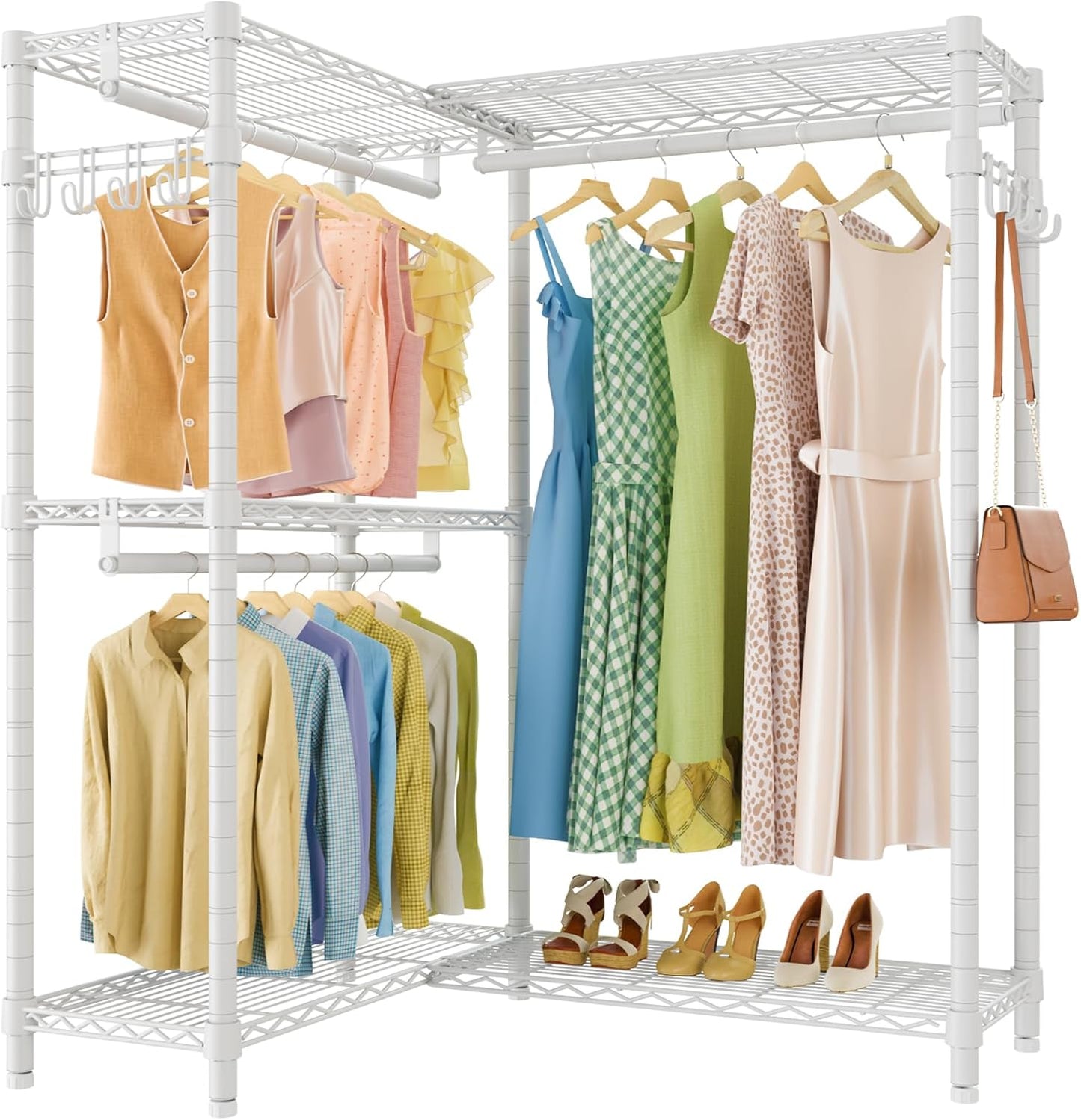 VIPEK L4 Garment Rack L Shaped Clothes Rack for Corner, Freestanding Portable Wardrobe Closet Heavy Duty Clothing Rack with 3 Hanging Rods & 2 Side Hooks, 43.3"Lx29.1"Wx76.4"H, Max Load 810LBS, White