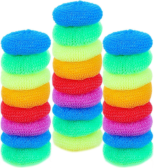 25 Pcs Plastic Dish Scrubbers, Reusable Non-Scratch Nylon Scouring Pads Bulk for Kitchen Cleaning - Multi-Color Poly Mesh Dishwashing Pads (Plastic Dish Scrubber)