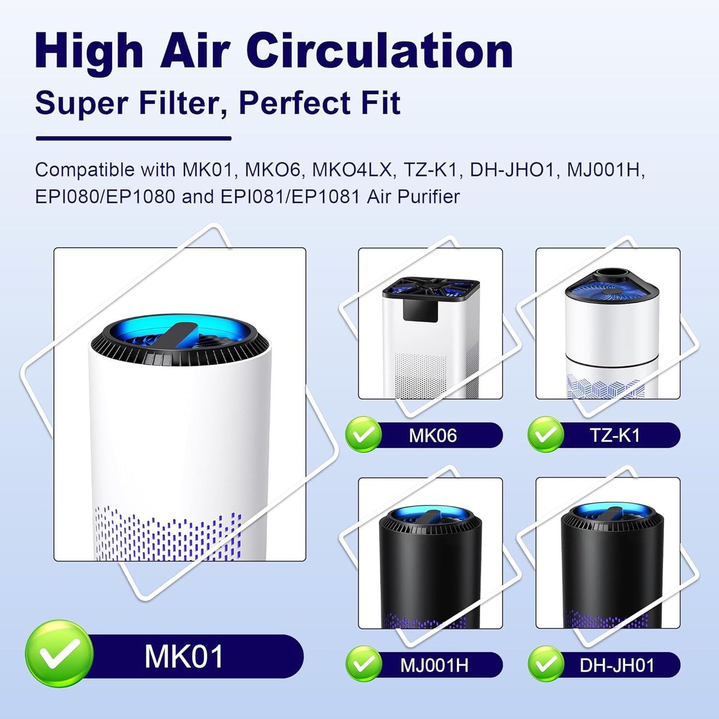 MK01 & MK06 True HEPA Filter Replacement Compatible with Aroeve MK01, MK06, ToLife TZ-K1 and Kloudi DH-JH01 Air Purifier, Standard Version, Blue, 4 Pack