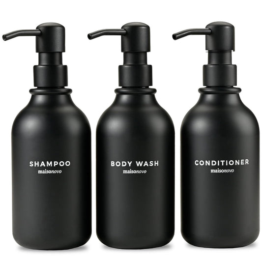 MaisoNovo Refillable Shampoo and Conditioner Bottles | 16.9 fl oz Set of 3 Black Plastic Bottles Black Pumps