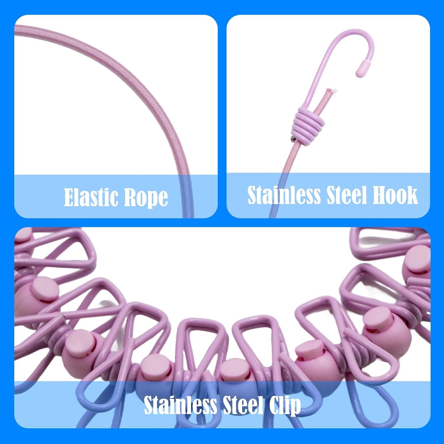 2 Pack Camping Clothesline Portable 12 Clothespins, Pink Camping Accessories Travel Clothesline for Outdoor Indoor, Retractable Clothes Line Elastic Clothesline for Camper Hotel Room