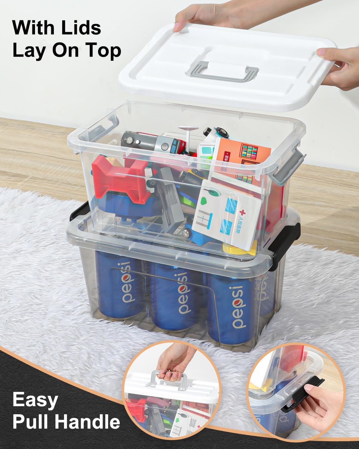 NUMIFUN Plastic Storage Bins With Lids 6 Pack Storage Organizer Bins, 7 Quart Stackable Storage Bins with Lids and Black Handle Buckle Easy for Home Office Organization, White Lids