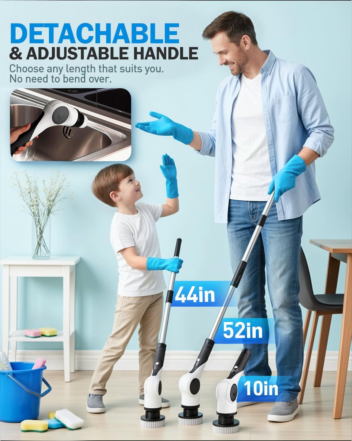 Electric Spin Scrubber with 10 Replaceable Brush Heads, IPX7 Waterproof Shower Scrubber with Long Handle, 3-Speed Adjustable Bathroom Scrubber Electric with Rotating Cleaning Brush