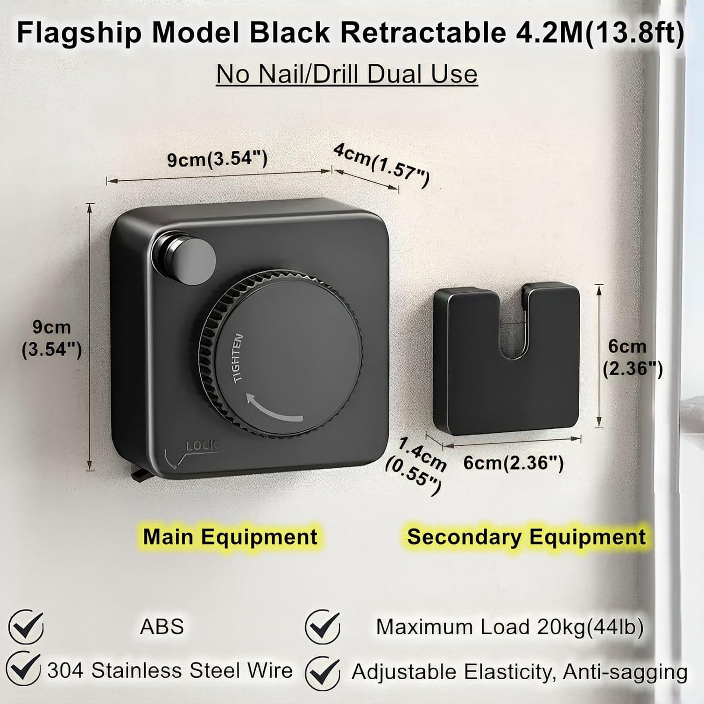 13.8ft(4.2M) Retractable Clothesline, Non-sag Clothesline, Indoor & Outdoor Heavy Duty Retractable Clothesline, Wall Mounted Stainless Steel Washing Line (Black)