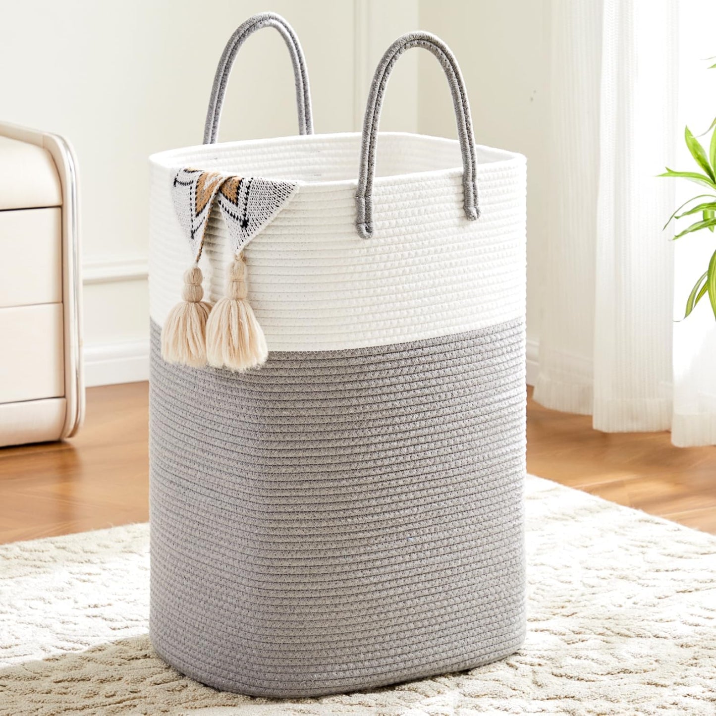 Laundry Basket,Woven Cotton Rope Laundry Hamper,Versatile Storage for Dirty Clothes,Baby Toys,and Blankets in Bathroom, Nursery,and Living Room (Grey, 100L)