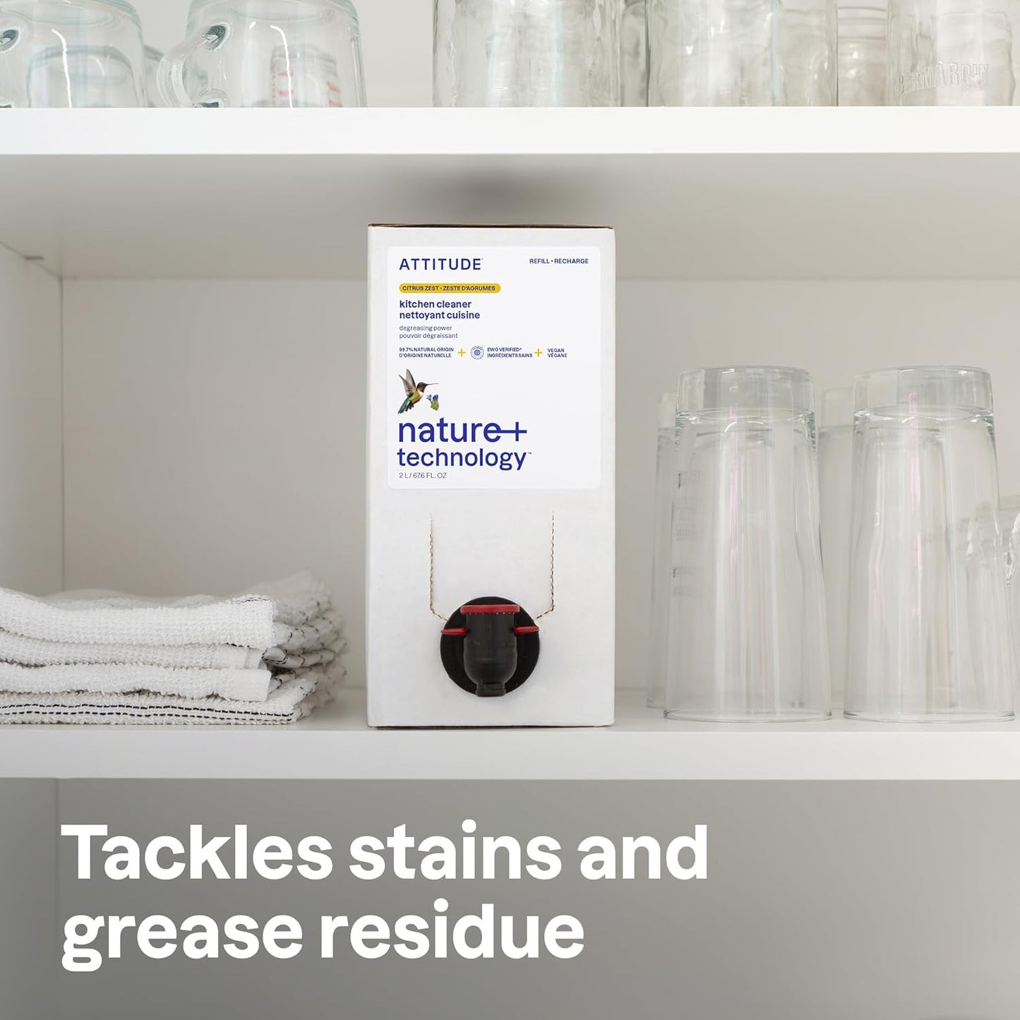 ATTITUDE Kitchen Cleaner Spray Refill, EWG Verified, Powerful Degreaser, Cuts Grease & Grime, Plant-Based & Vegan, Citrus Zest Scent, 67.6 Fl Oz