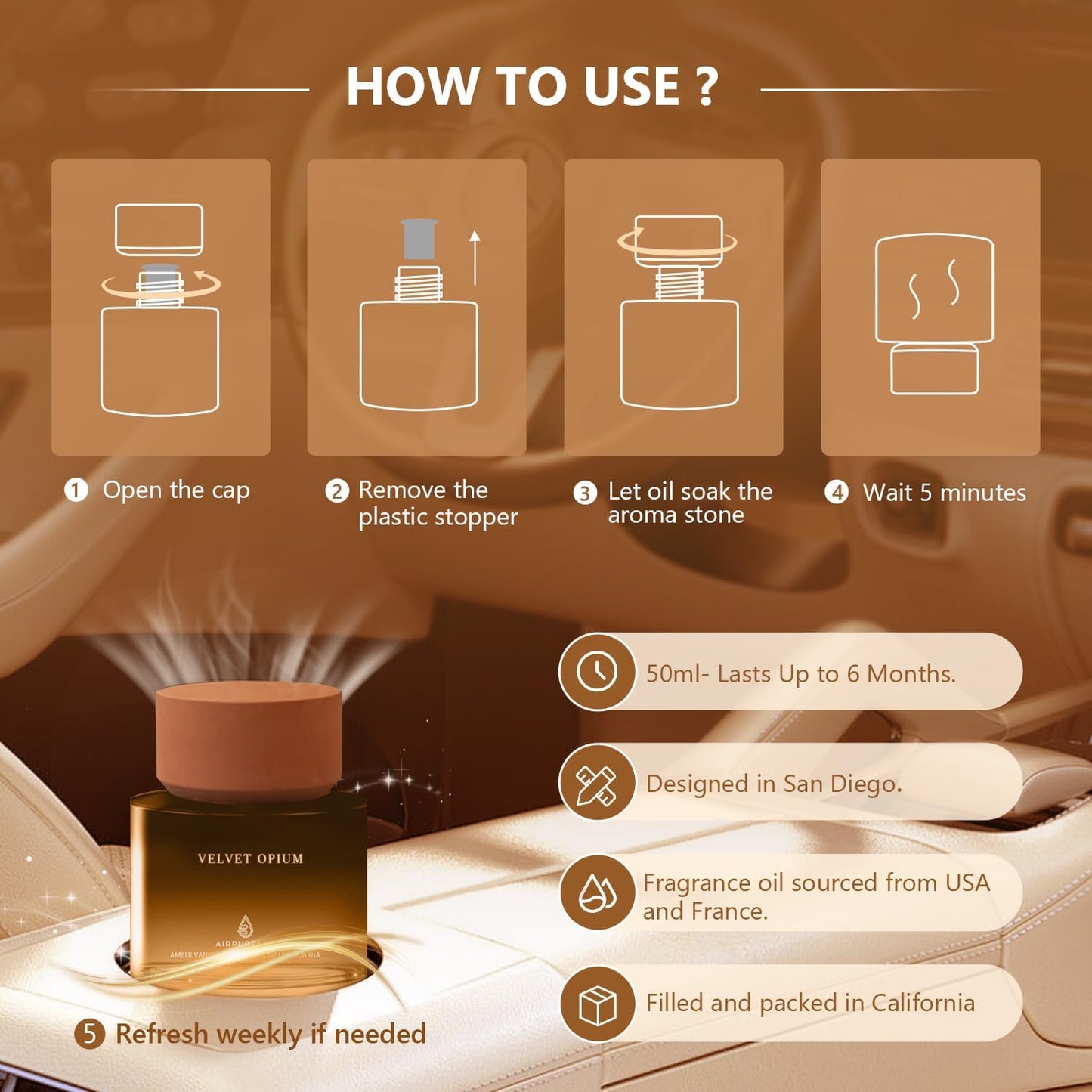 Car Air Freshener Cup 50ml Car Air Fresheners Woody Citrus Diffuser - SA30 Fragrance Oil Air Diffuser for Car, 180+ days Long Lasting Fragrance, 1.7 FL OZ/50ML Made in USA Car Air Fresheners