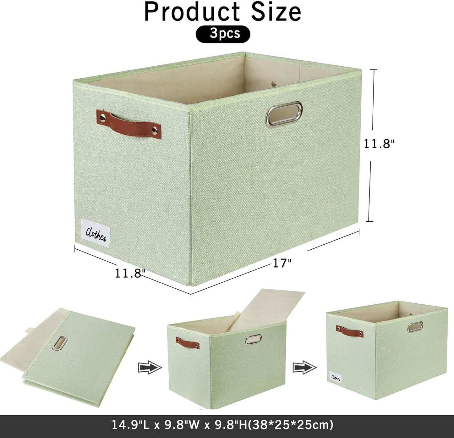 3-Pack Foldable Fabric Storage Bins with Durable PU & Metal Handles, Collapsible Storage Baskets for Shelves, Home Storage, Closet Organizers, Living Room(17"x11.8"x11.8", Sage Green)