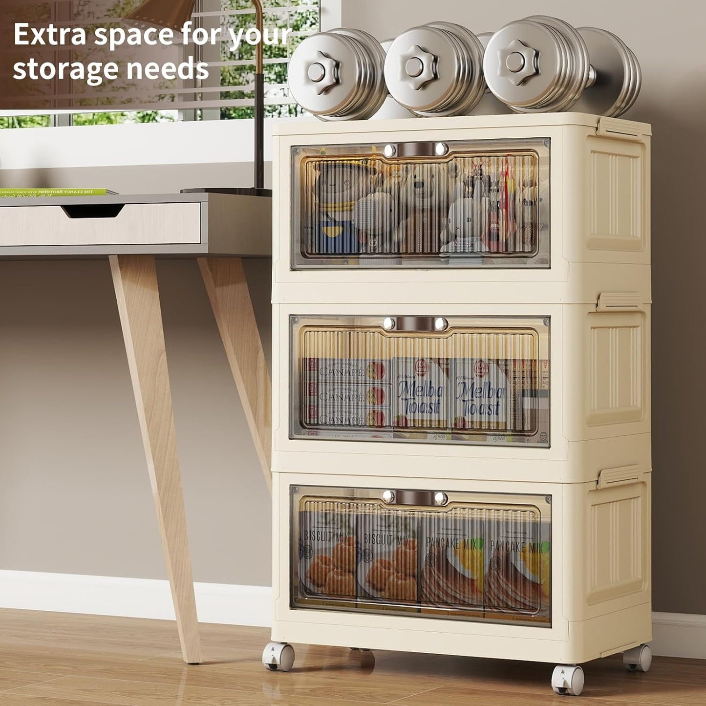 3 Tier - 48QT Storage Bins with Lids, Collapsible Storage Bins with Doors and Wheels, Plastic Storage Cabinet for Easy Storage and Organization for Living Room, Office