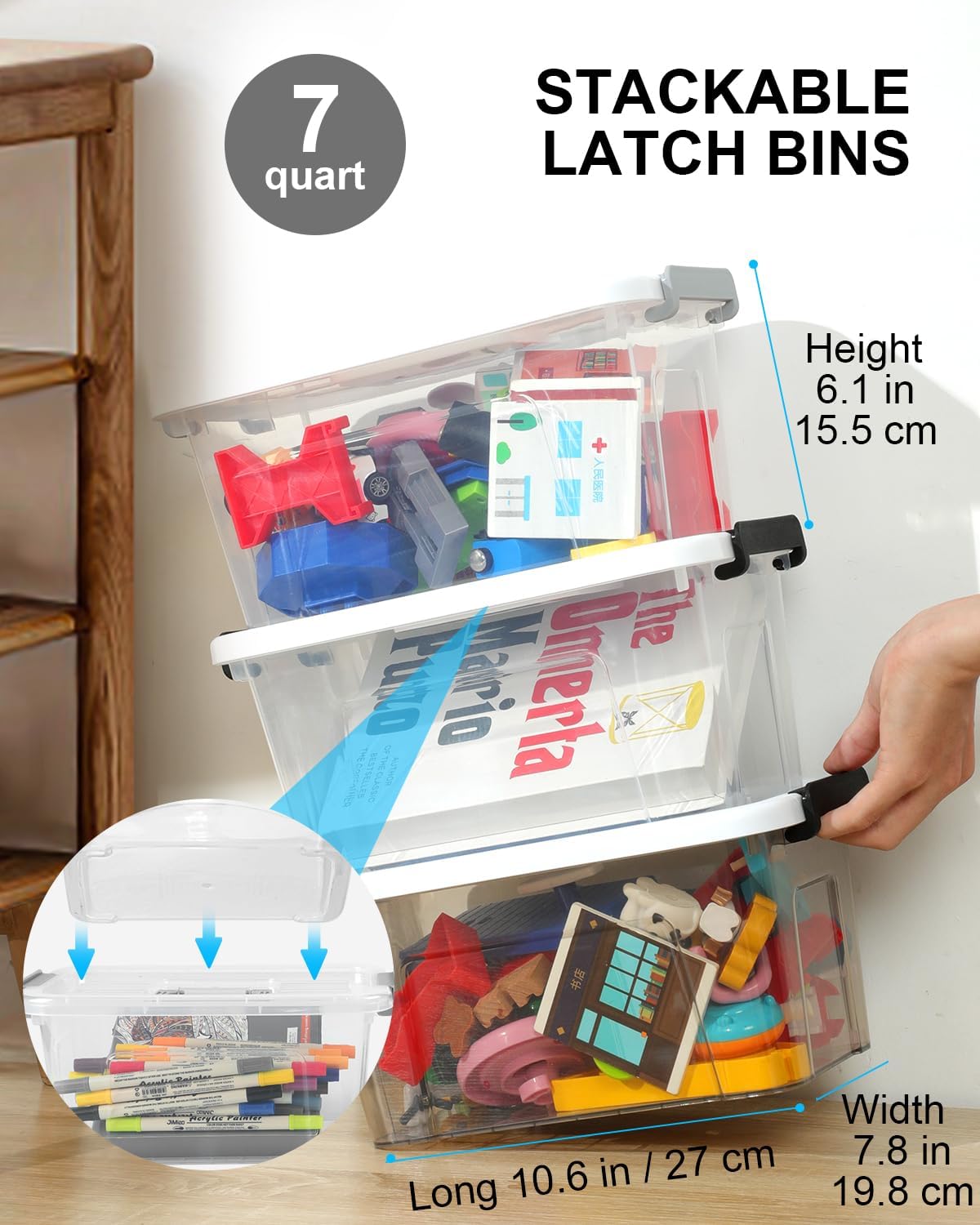 NUMIFUN Plastic Storage Bins With Lids 6 Pack Storage Organizer Bins, 7 Quart Stackable Storage Bins with Lids and Black Handle Buckle Easy for Home Office Organization, White Lids