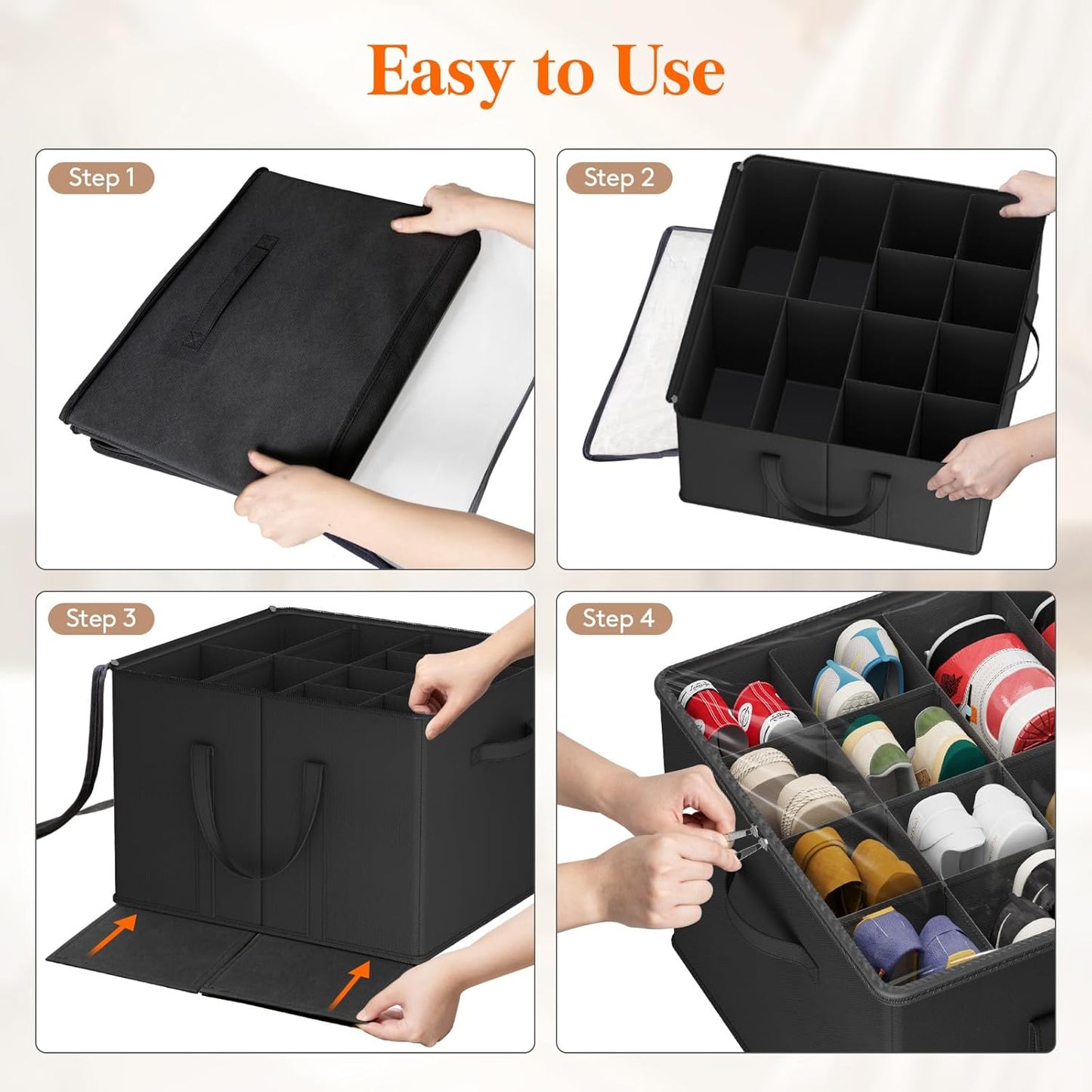 Lifewit Shoe Storage Organizer for Closet Fits 12-16 Pairs, Fabric Large Shoe Box Storage Container with Clear Cover, Foldable Bins Fit for Boots Heels Sneakers 17"(L) x 17"(W) x 12.5"(H) 3 Pack Black