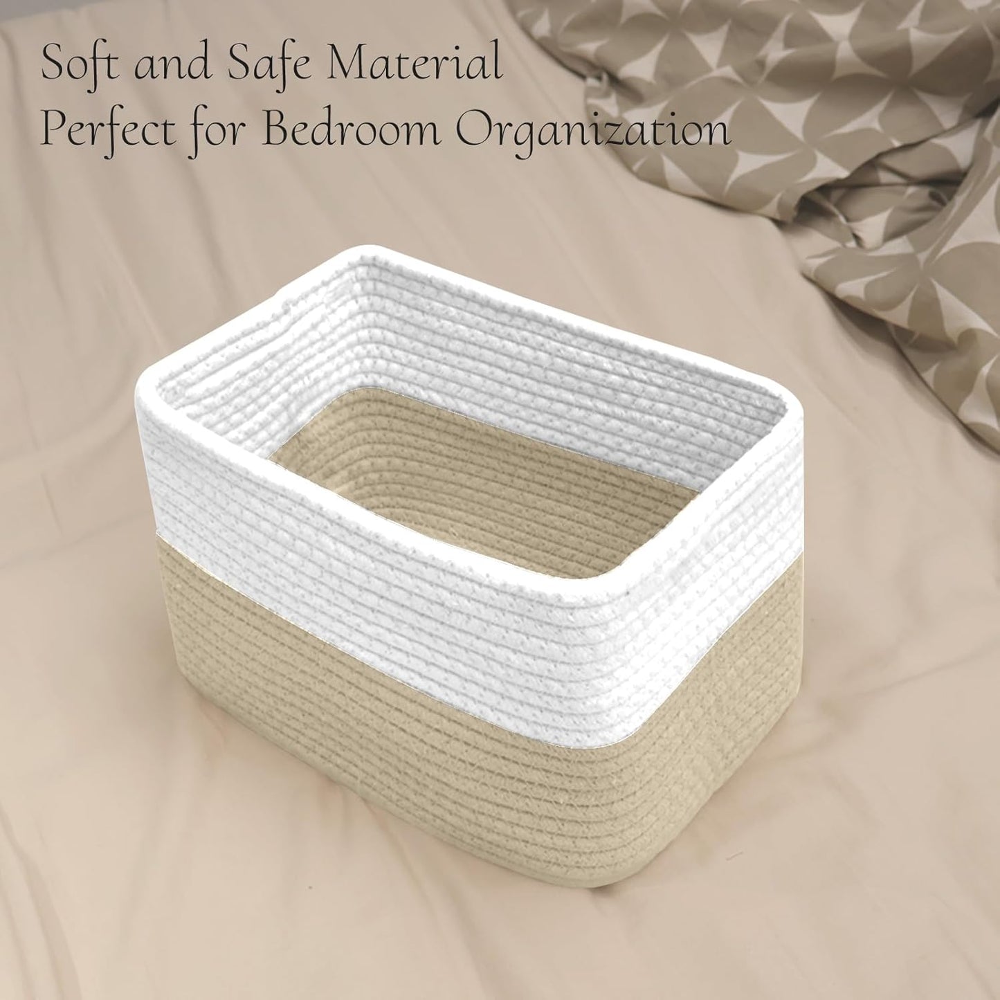 Hopegiver Woven Storage Baskets 11x8x7 Inch, 3 Pack Collapsible Cube Storage Bin for Shelves - Foldable Cotton Rope Organizer Bins for Towels, Toys, Books, Closet, Nursery (White Khaki)