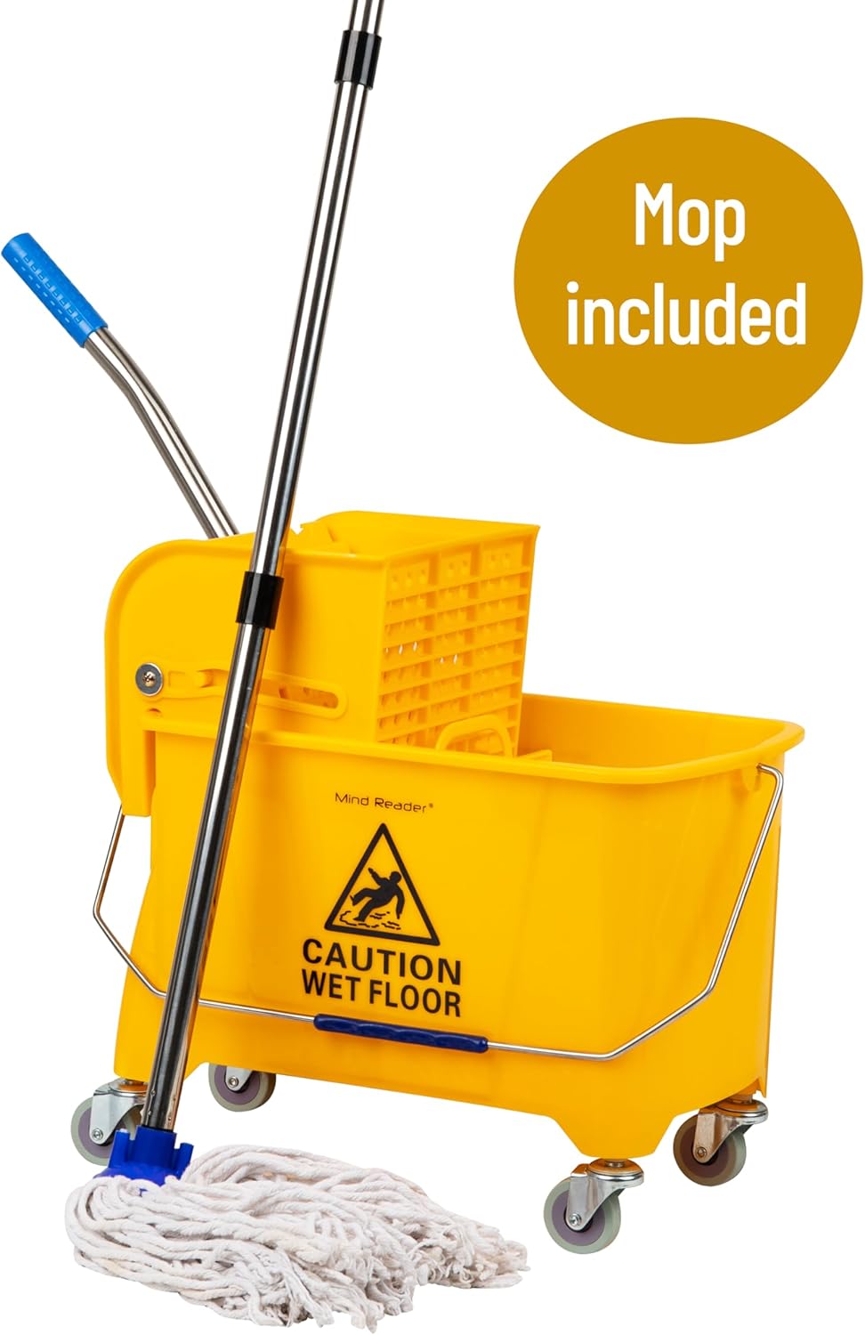 Mind Reader Bucket with Wringer and Mop Set, 22 Qt (5.5 Gallon), Floor Cleaning, Wheels, 16.25" L x 10.75" W x 24.5" H, Yellow