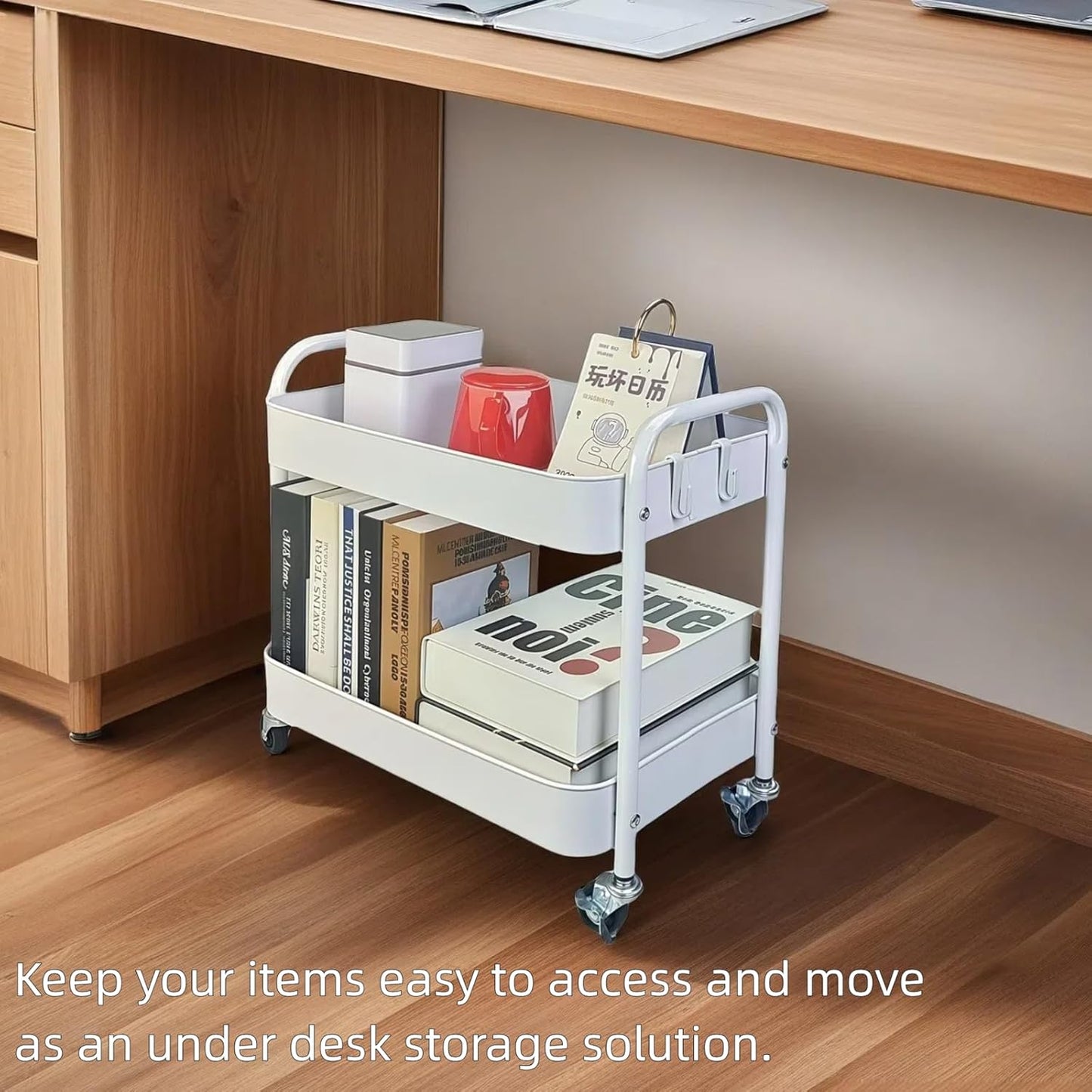 2 Tier Metal Rolling Cart with Wheels for Under Desk Storage & Pantry Storage, High Load-Bearing Kitchen Utility Cart for Small Space, Laundry Room Organization Side Table with 4 Hooks, White