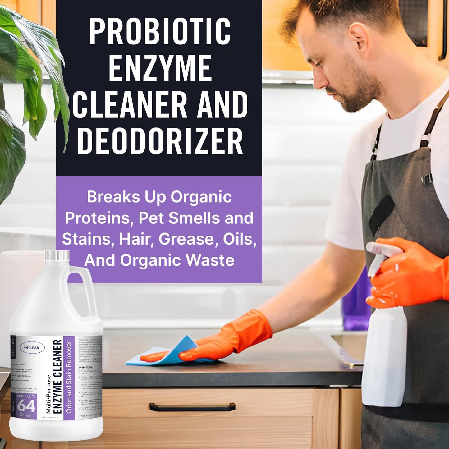 Multi-Purpose Probiotic Enzyme Cleaner, Made in USA - Pet Stain and Odor Remover - Concentrated - Professional & Home Strength Drains, Floors, Bathrooms, Toilets Trash Can, (1 gallon, Lavender)