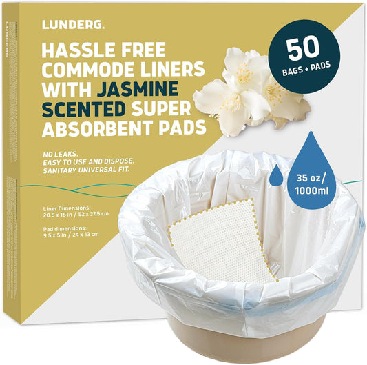 Lunderg Commode Liners with Absorbent Pads - Jasmine Scent Medical Grade 50 Count Universal Fit - Disposable Bedside Commode Liners and Pads for Adult Chairs, Portable Buckets & Camping Toilet Bags