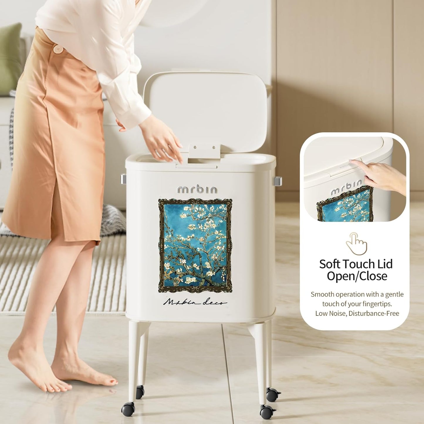 MRBIN Metal Kitchen Trash Can with Wheel Legs, 36L / 9.5gal Medium Press Lid Slim Removable Waste Basket, Pet Proof Tall Narrow Garbage Pail for Vanity, Bedroom, Bathroom, Living Room, Almond Blossom