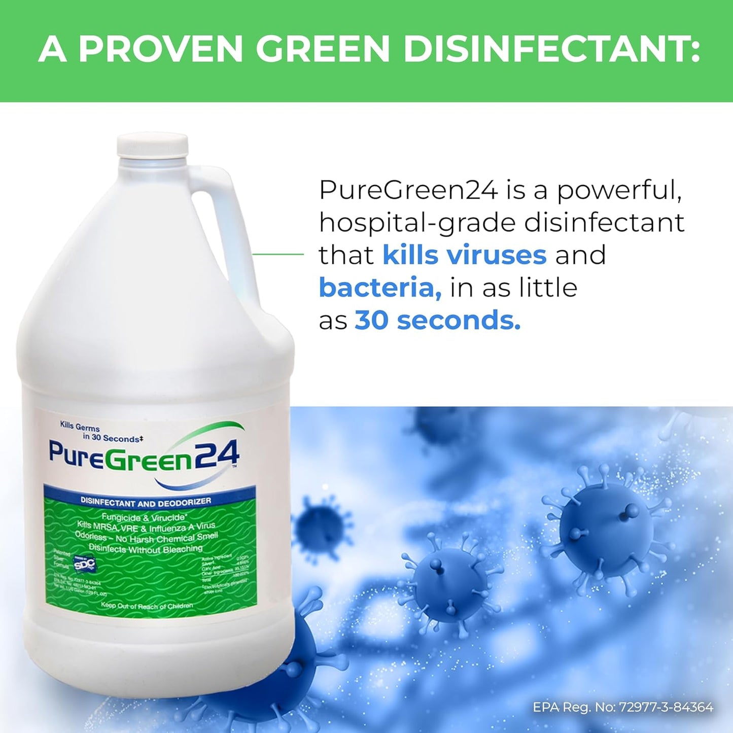 PureGreen24 Safe & Effective Disinfectant. Kills Deadly Germs including RSV COVID-19 Norovirus MRSA Staph 2025 flu Contains no toxic chemicals odorless child & pet safe 4 gallon bottles ready to use
