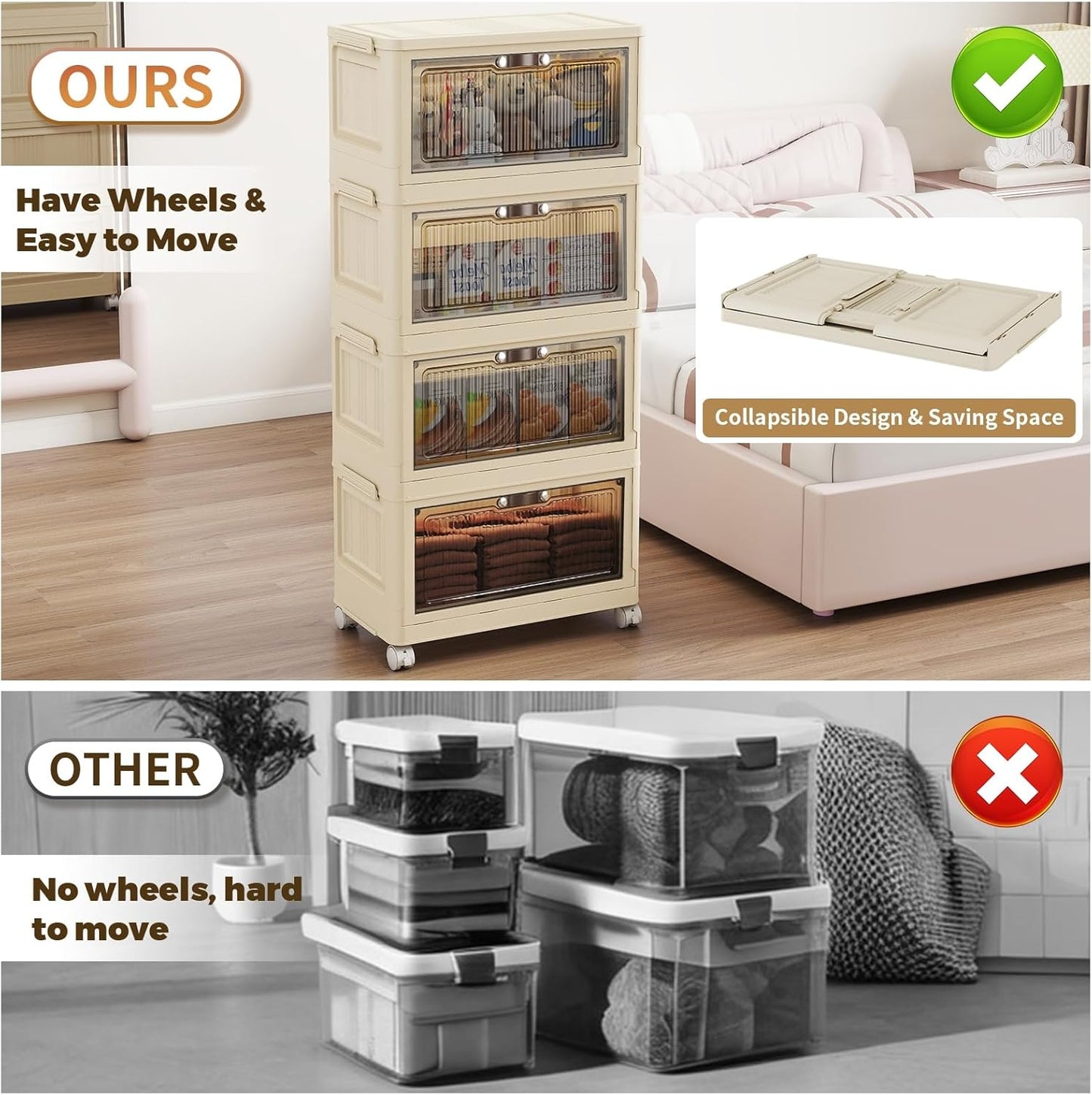 4 Tier - 34QT Storage Bins with Lids, Collapsible Storage Bins with Doors and Wheels, Plastic Storage Cabinet for Easy Storage and Organization for Living Room, Office