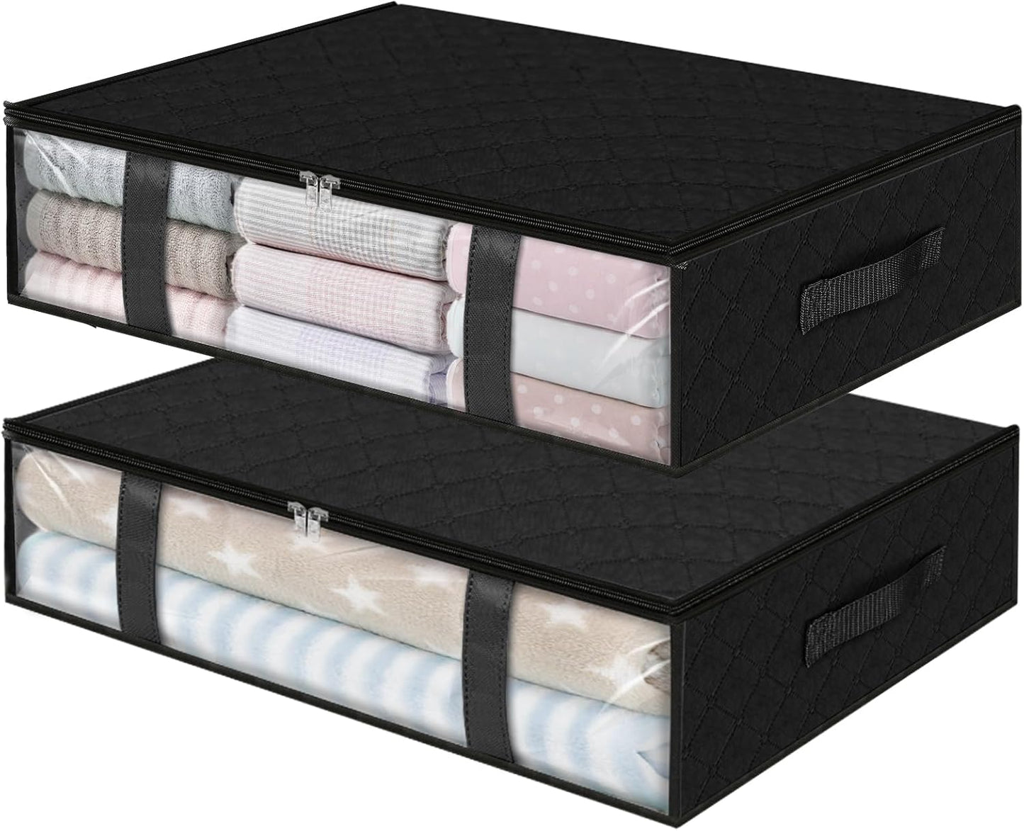 StorageRight Under Bed Storage Bins, 2-Pack 40L Foldable Fabric Storage Bags with Transparent Window, Breathable Organizer for Clothes/Blanket/Comforter/Quiltr, Black